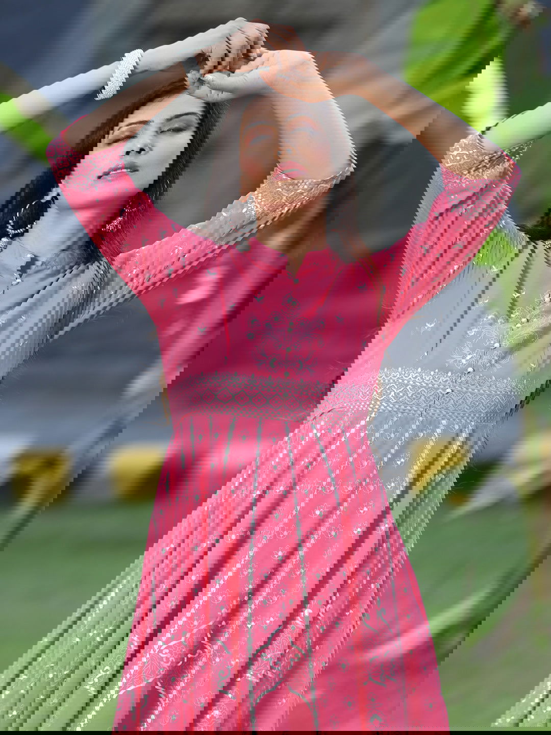 Juniper Coral Ethnic Motif Printed Georgette Anarkali Kurta & Palazzo Set With Buttons