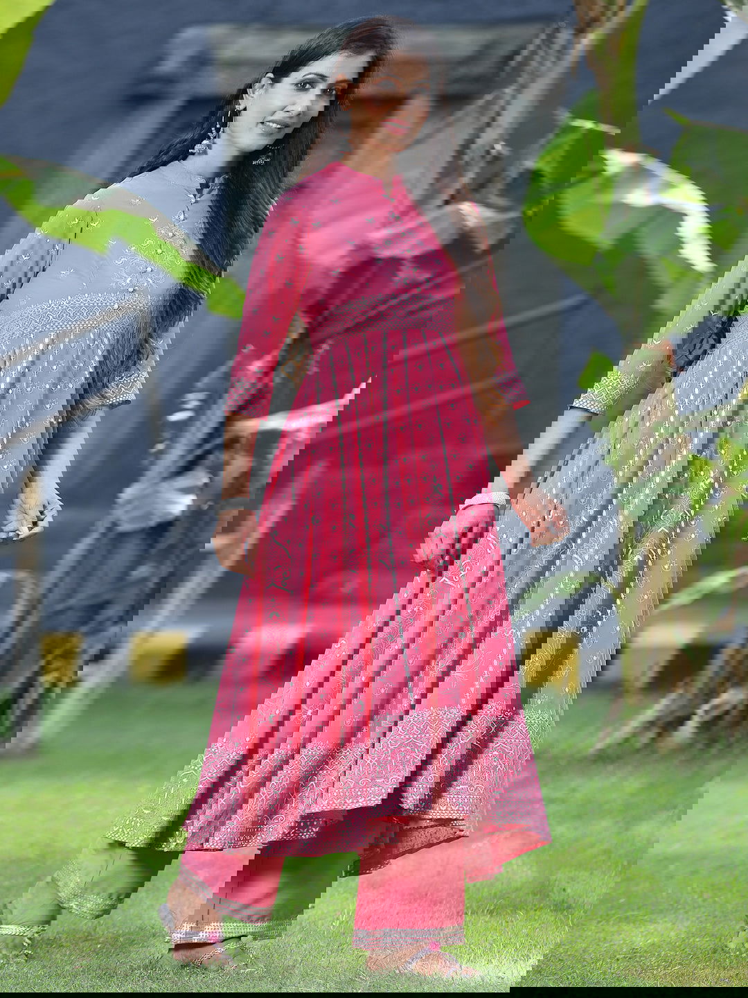 Juniper Coral Ethnic Motif Printed Georgette Anarkali Kurta & Palazzo Set With Buttons