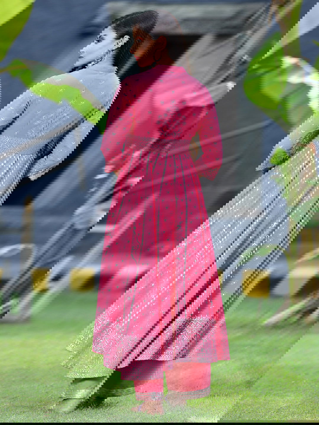 Juniper Coral Ethnic Motif Printed Georgette Anarkali Kurta & Palazzo Set With Buttons