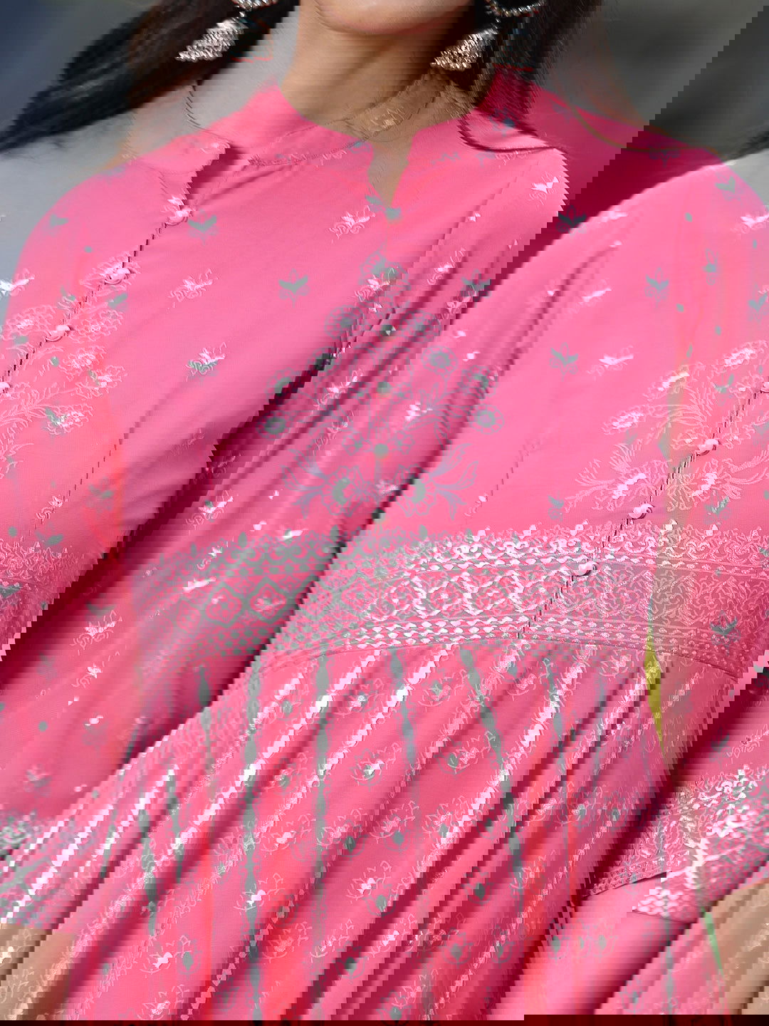 Juniper Coral Ethnic Motif Printed Georgette Anarkali Kurta & Palazzo Set With Buttons