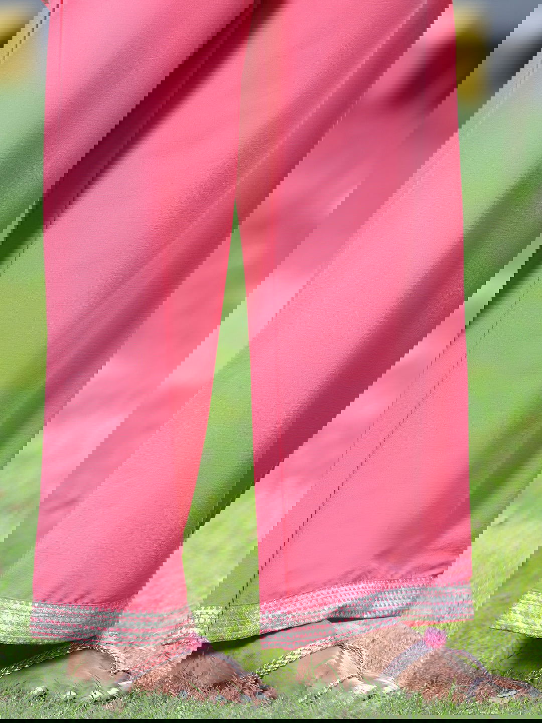 Juniper Coral Ethnic Motif Printed Georgette Anarkali Kurta & Palazzo Set With Buttons