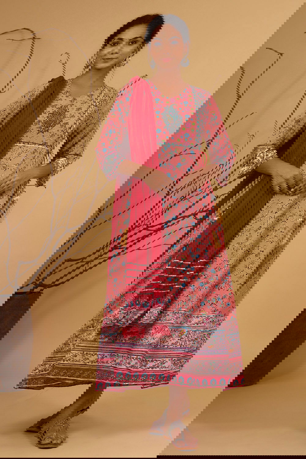 Juniper Coral Floral Printed Anarkali Lacy Dress & Contrast Dupatta With Side Dori Tie-Up & Tassels At Waist