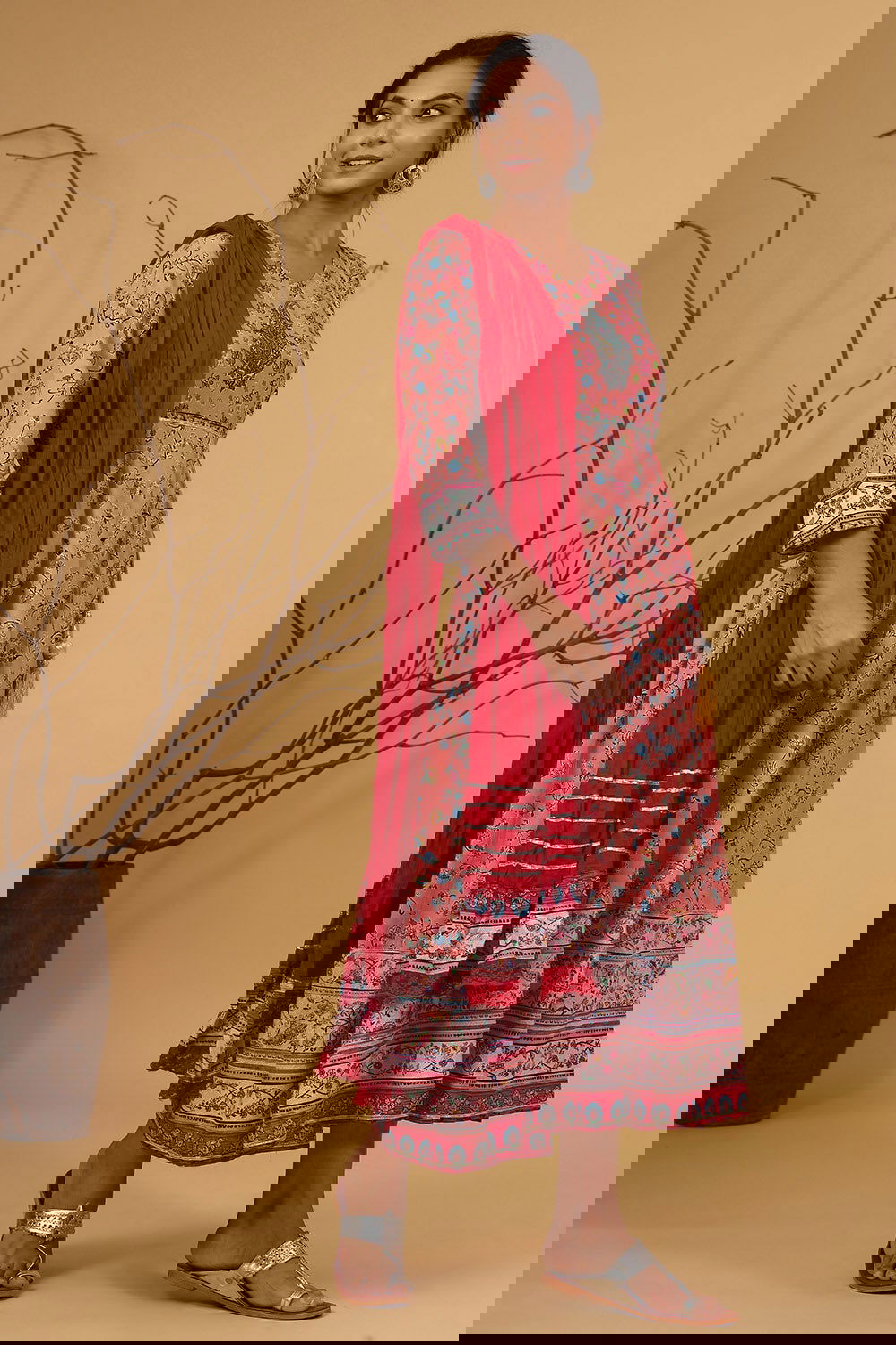 Juniper Coral Floral Printed Anarkali Lacy Dress & Contrast Dupatta With Side Dori Tie-Up & Tassels At Waist