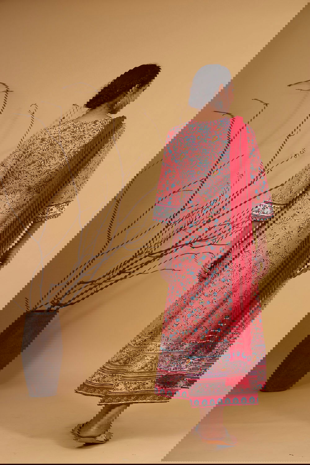 Juniper Coral Floral Printed Anarkali Lacy Dress & Contrast Dupatta With Side Dori Tie-Up & Tassels At Waist