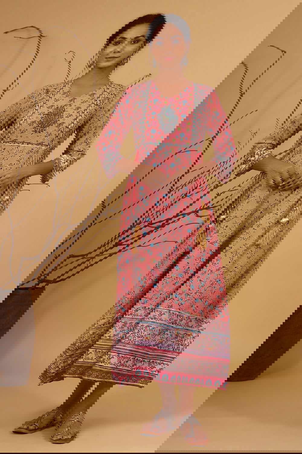 Juniper Coral Floral Printed Anarkali Lacy Dress & Contrast Dupatta With Side Dori Tie-Up & Tassels At Waist