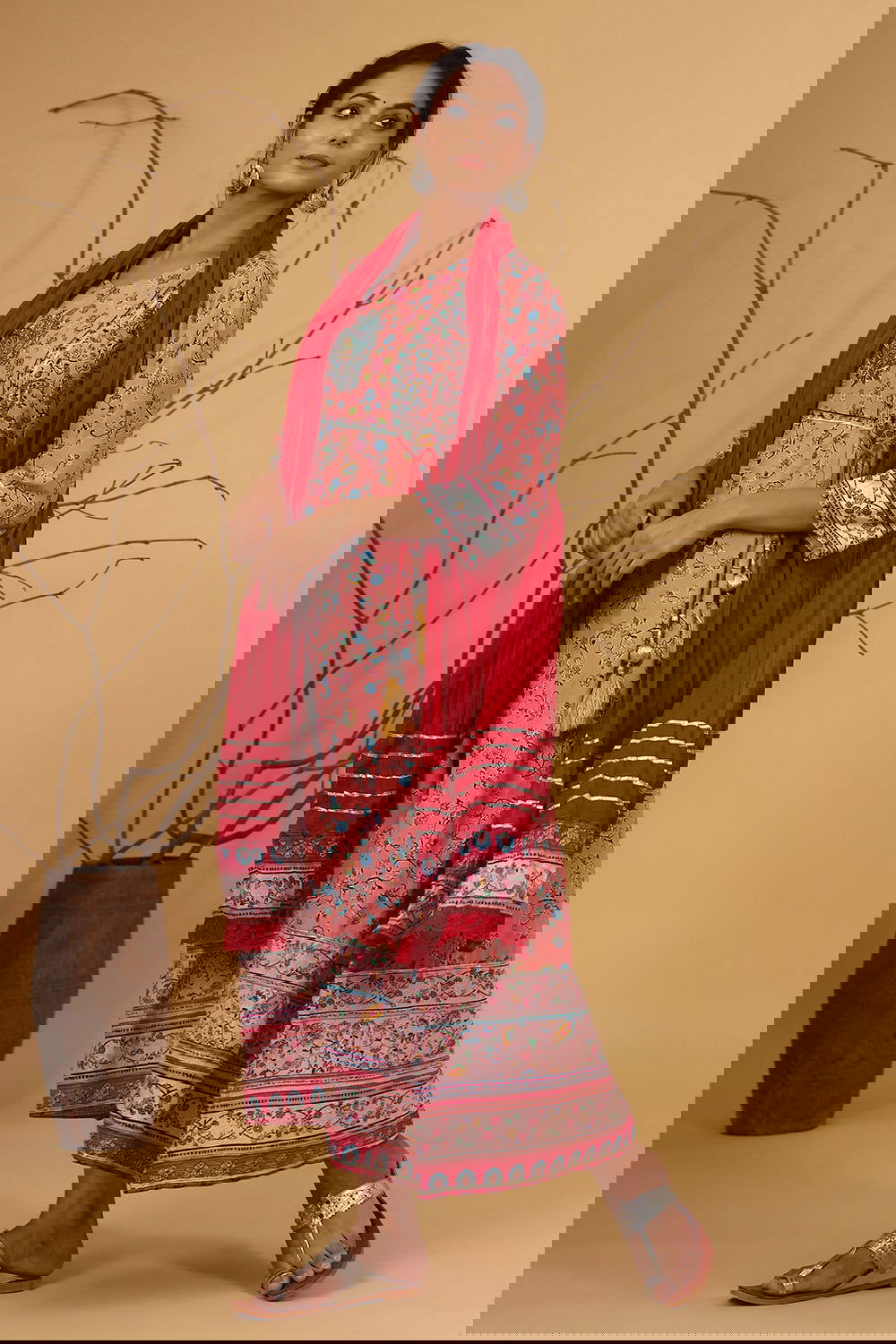 Juniper Coral Floral Printed Anarkali Lacy Dress & Contrast Dupatta With Side Dori Tie-Up & Tassels At Waist