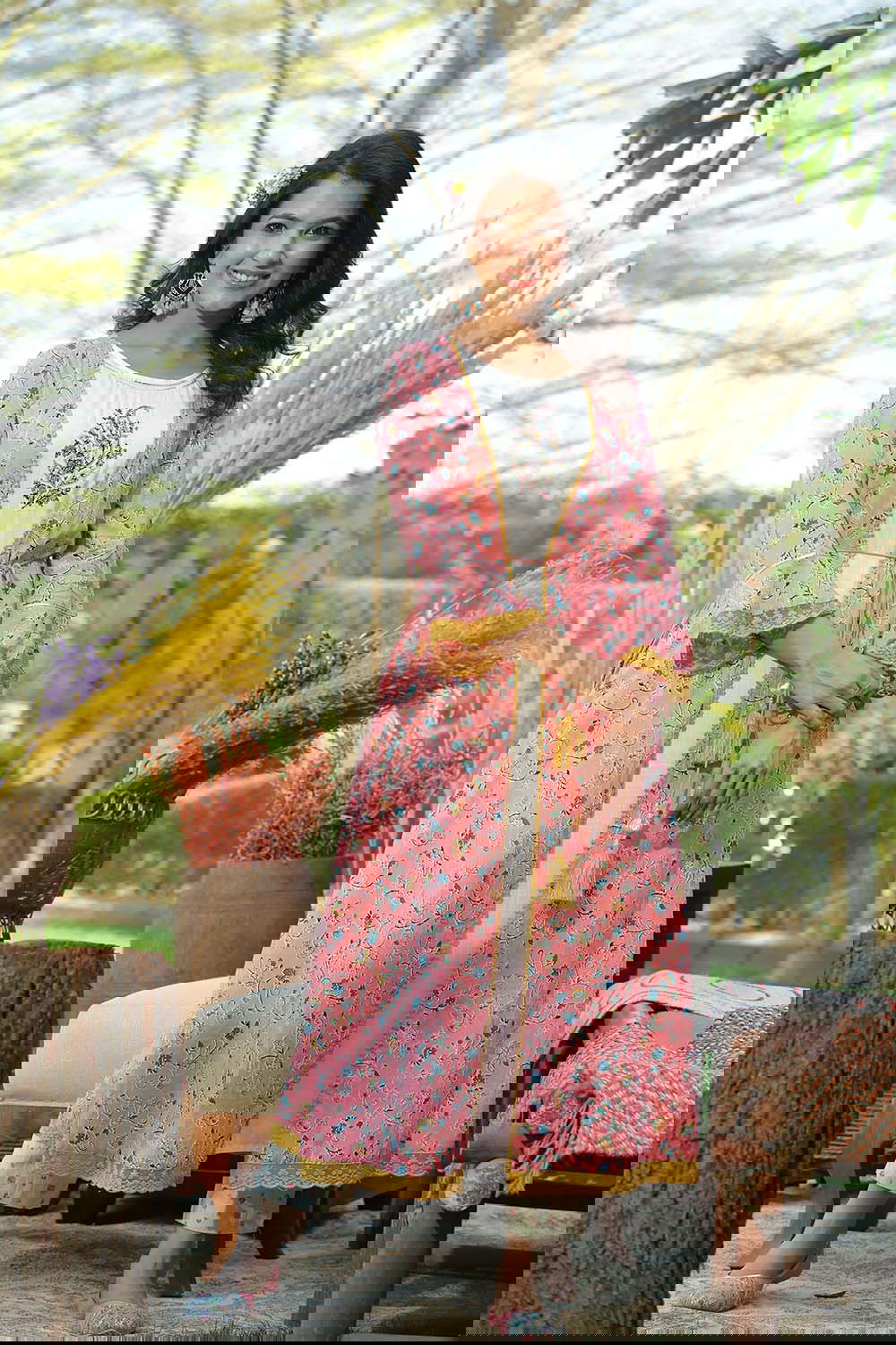 Juniper Coral Floral Printed Cotton Lacy Jacket Style Kurta With Thread Work & Dori At Waist