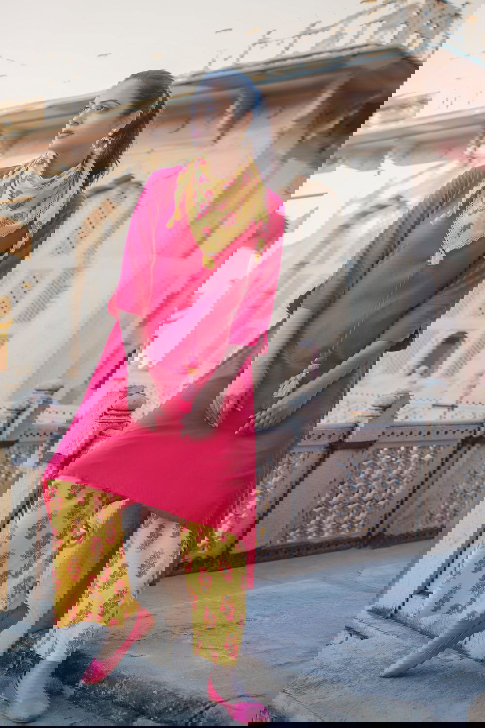 Juniper Coral Rayon Slub Printed Asymmetric Kurta With Palazzo & Scarf