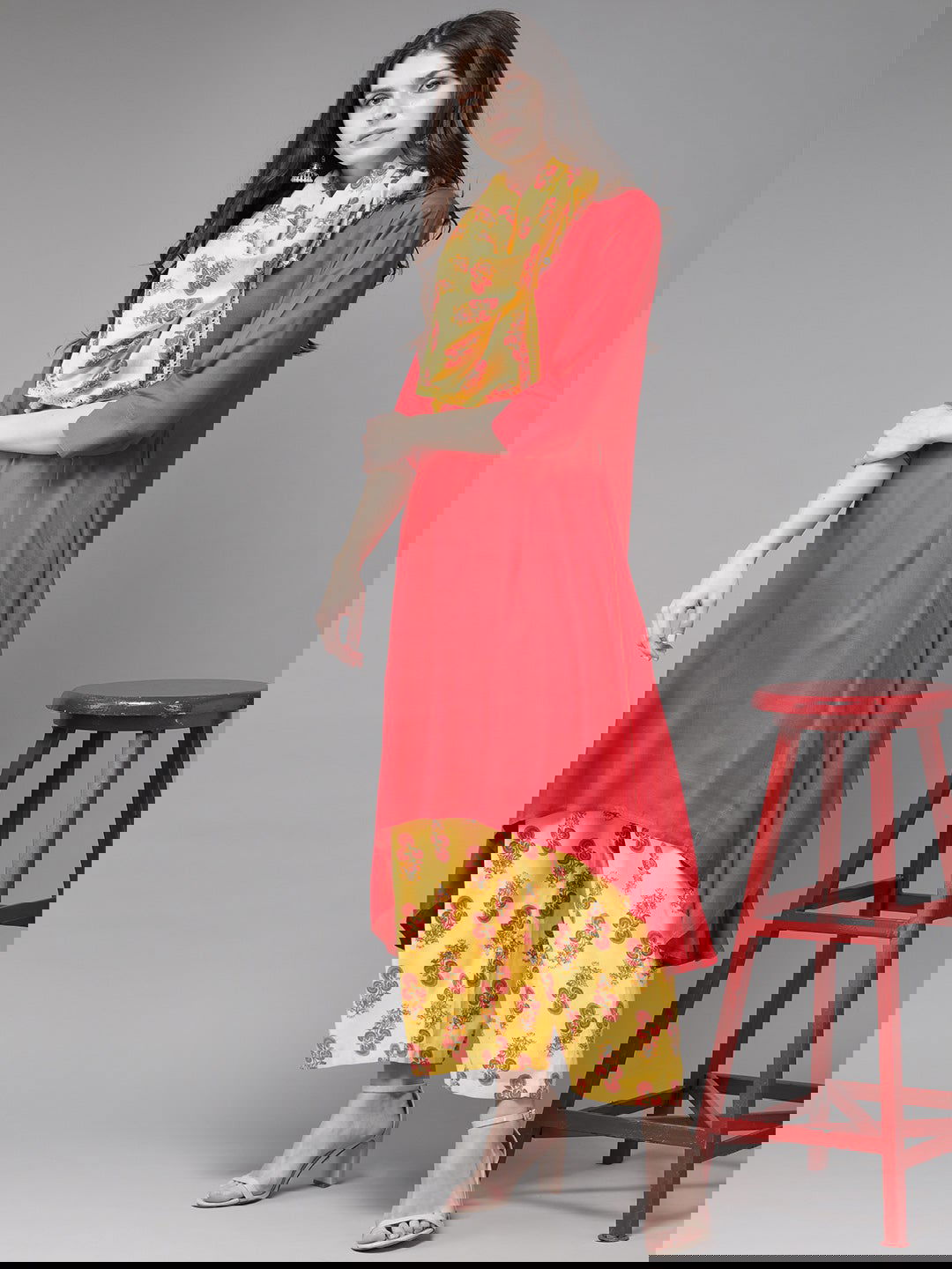 Juniper Coral Rayon Slub Printed Asymmetric Kurta With Palazzo & Scarf