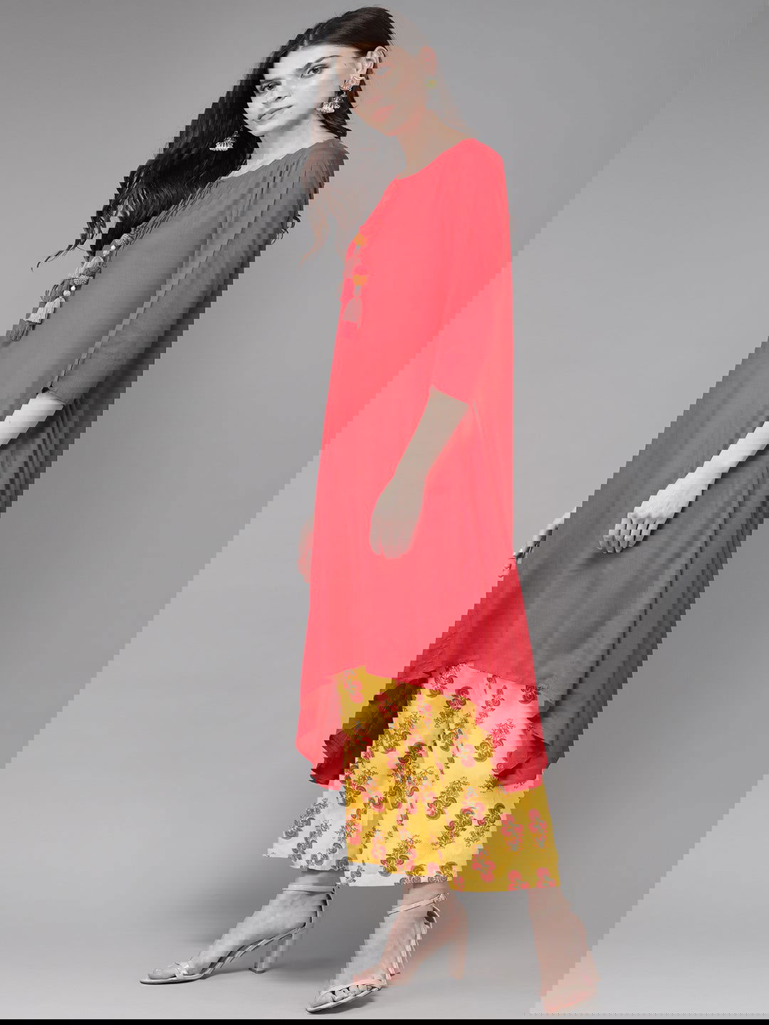 Juniper Coral Rayon Slub Printed Asymmetric Kurta With Palazzo & Scarf