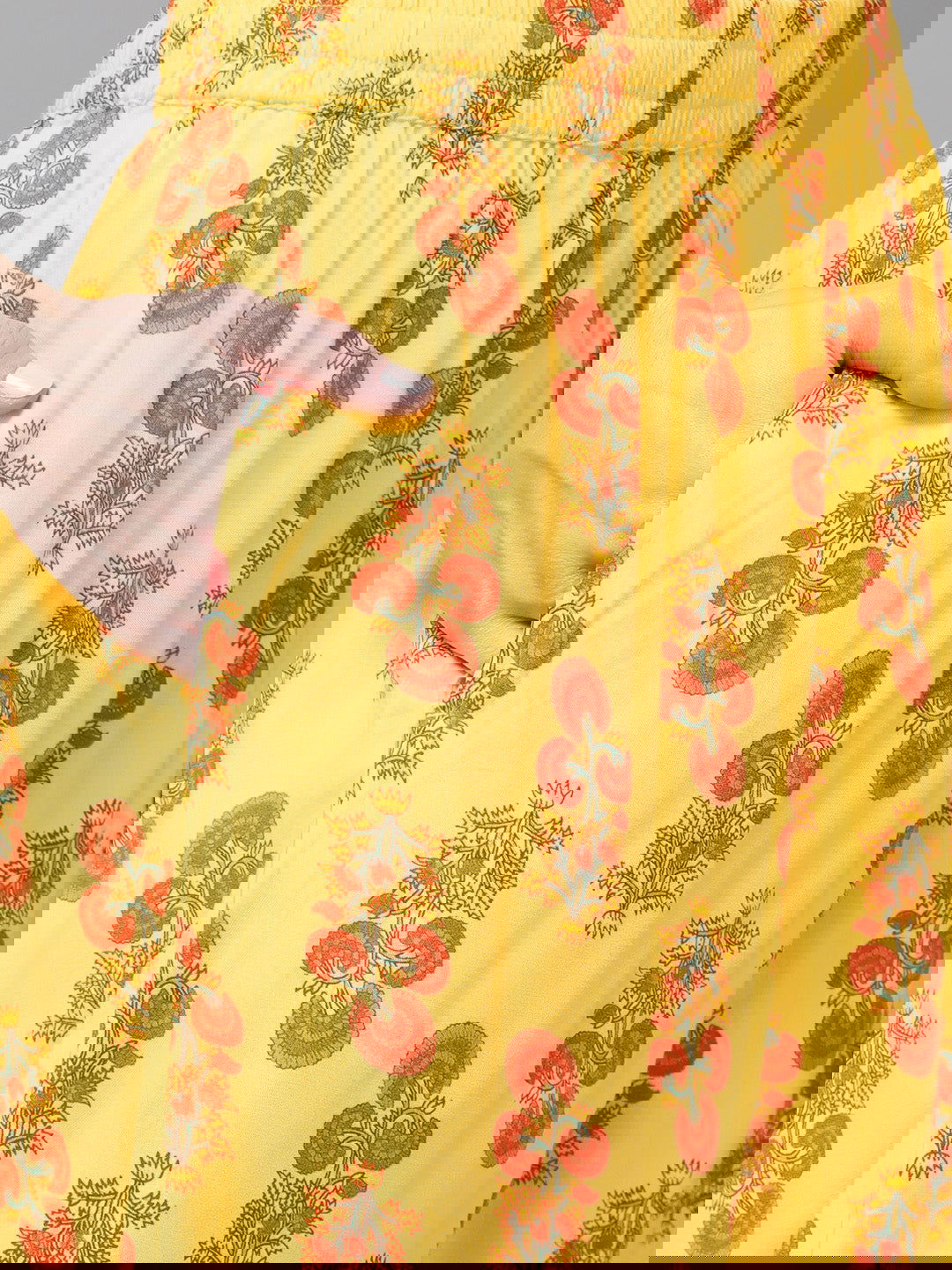 Juniper Coral Rayon Slub Printed Asymmetric Kurta With Palazzo & Scarf