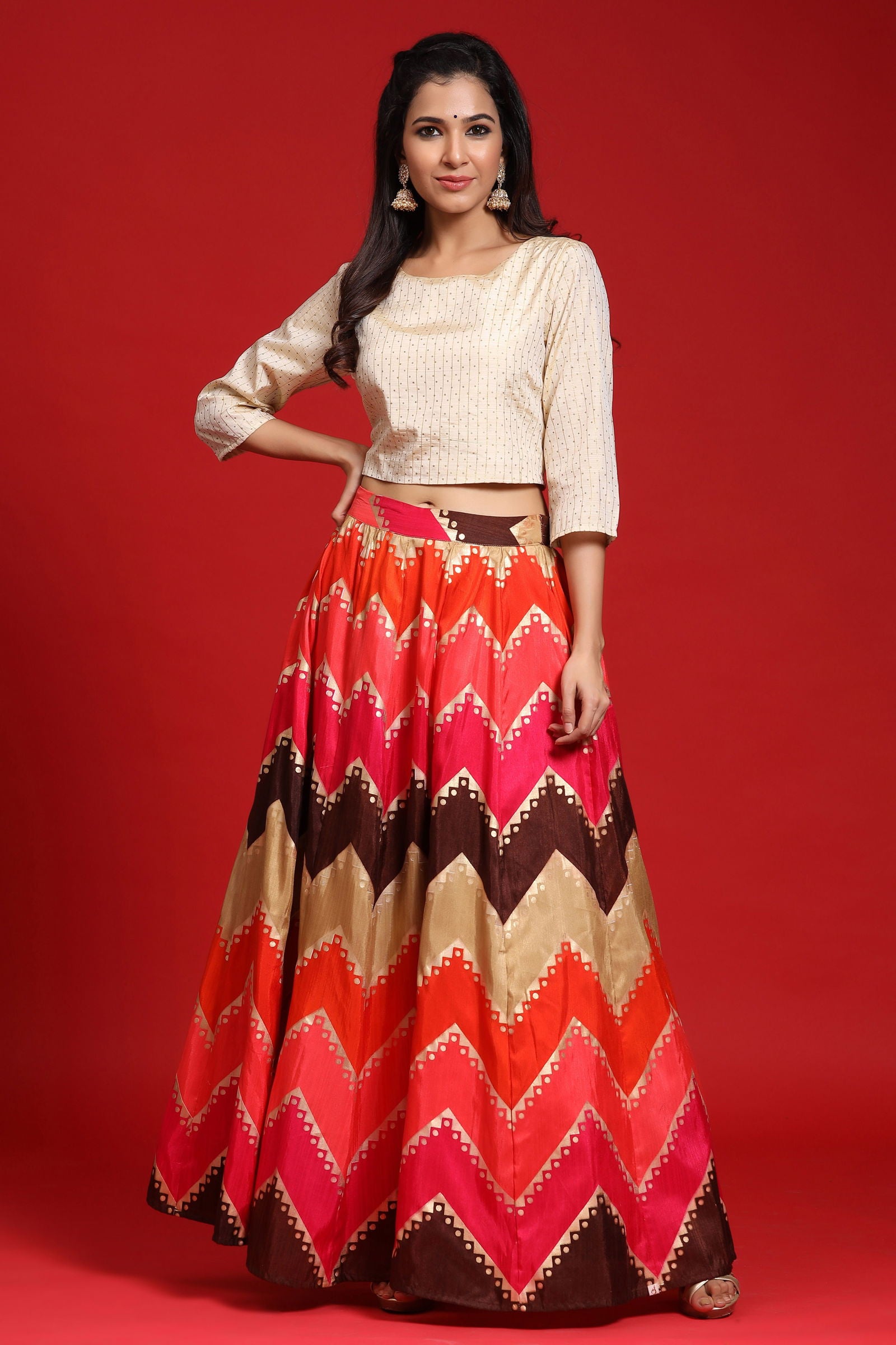 Juniper Coral Silk Crepe Striped Print Lehenga Choli Set