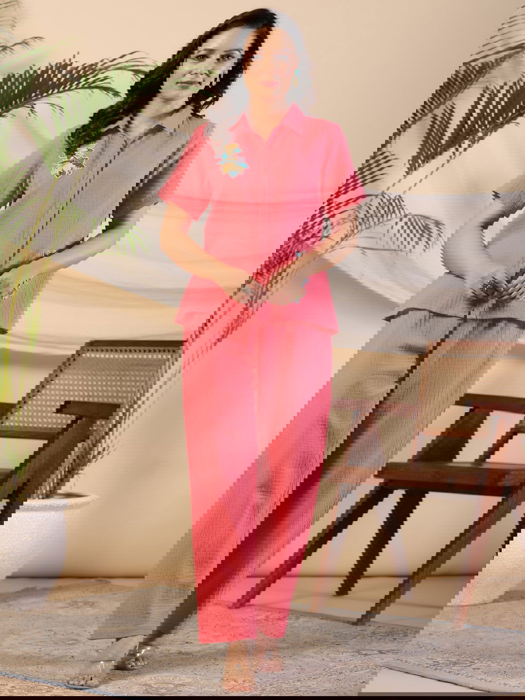 Juniper Coral Women Solid Top With Pants Co-Ord Set With Floral Embroidery & Contrast Beads