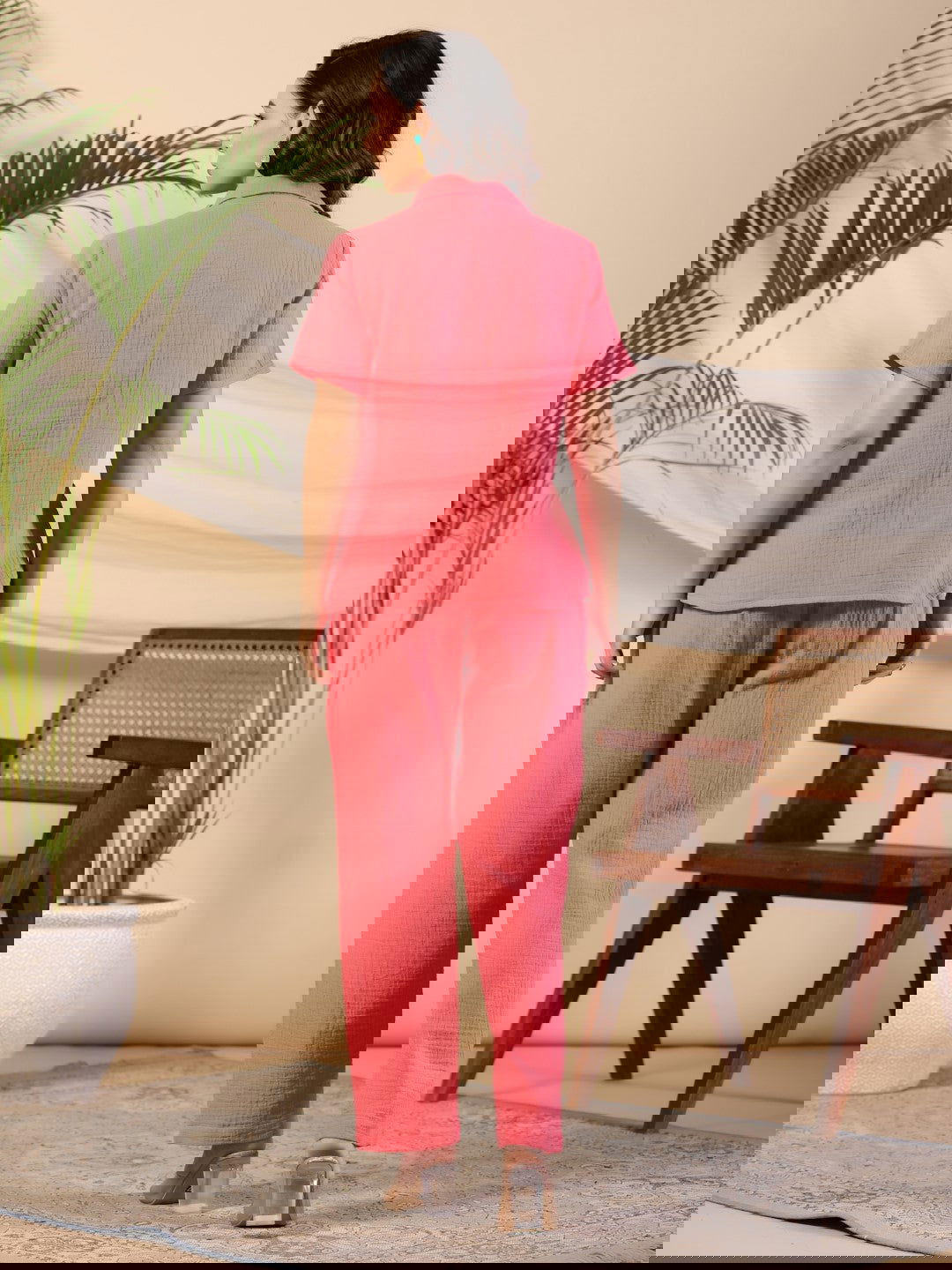 Juniper Coral Women Solid Top With Pants Co-Ord Set With Floral Embroidery & Contrast Beads