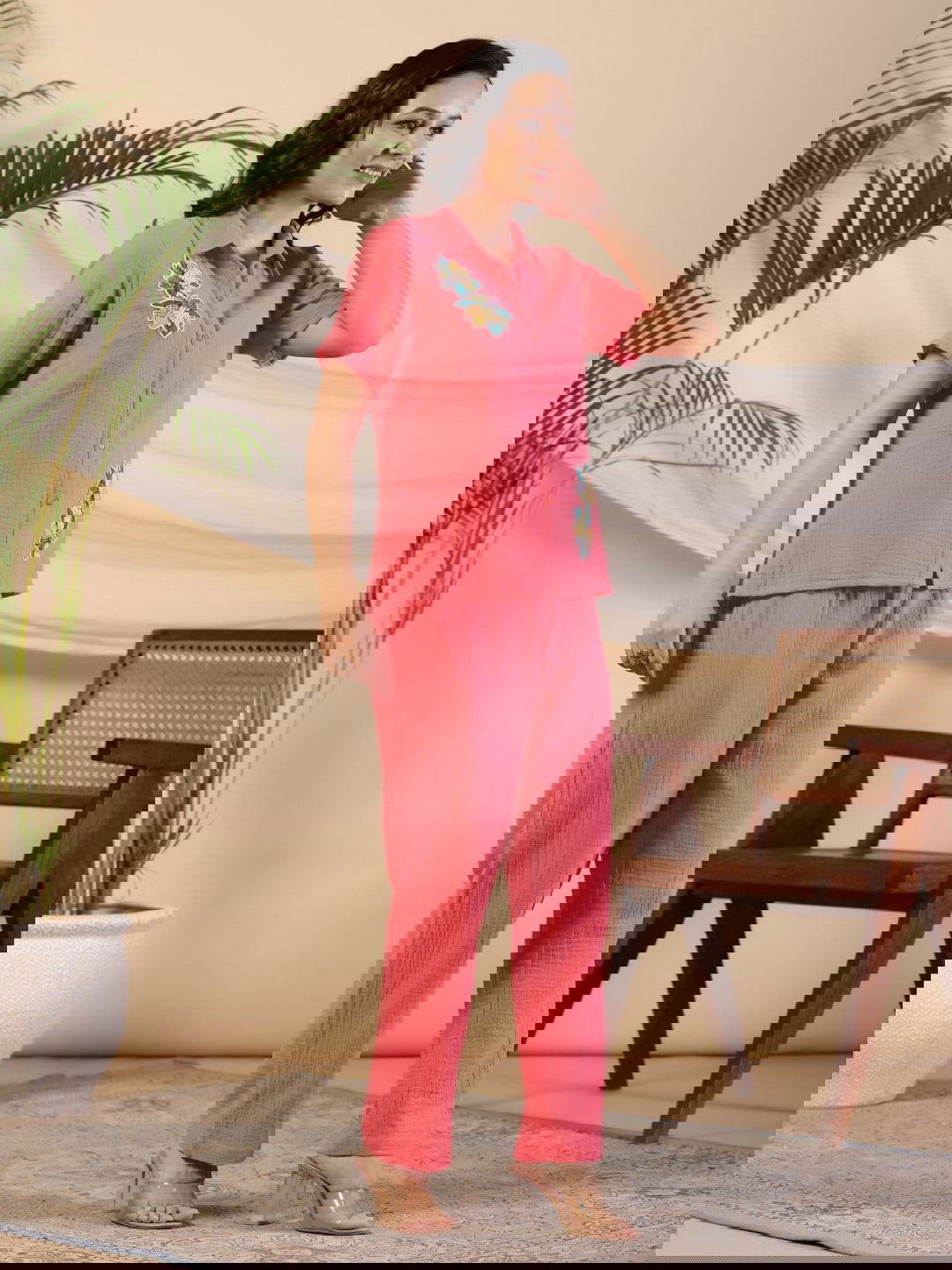 Juniper Coral Women Solid Top With Pants Co-Ord Set With Floral Embroidery & Contrast Beads