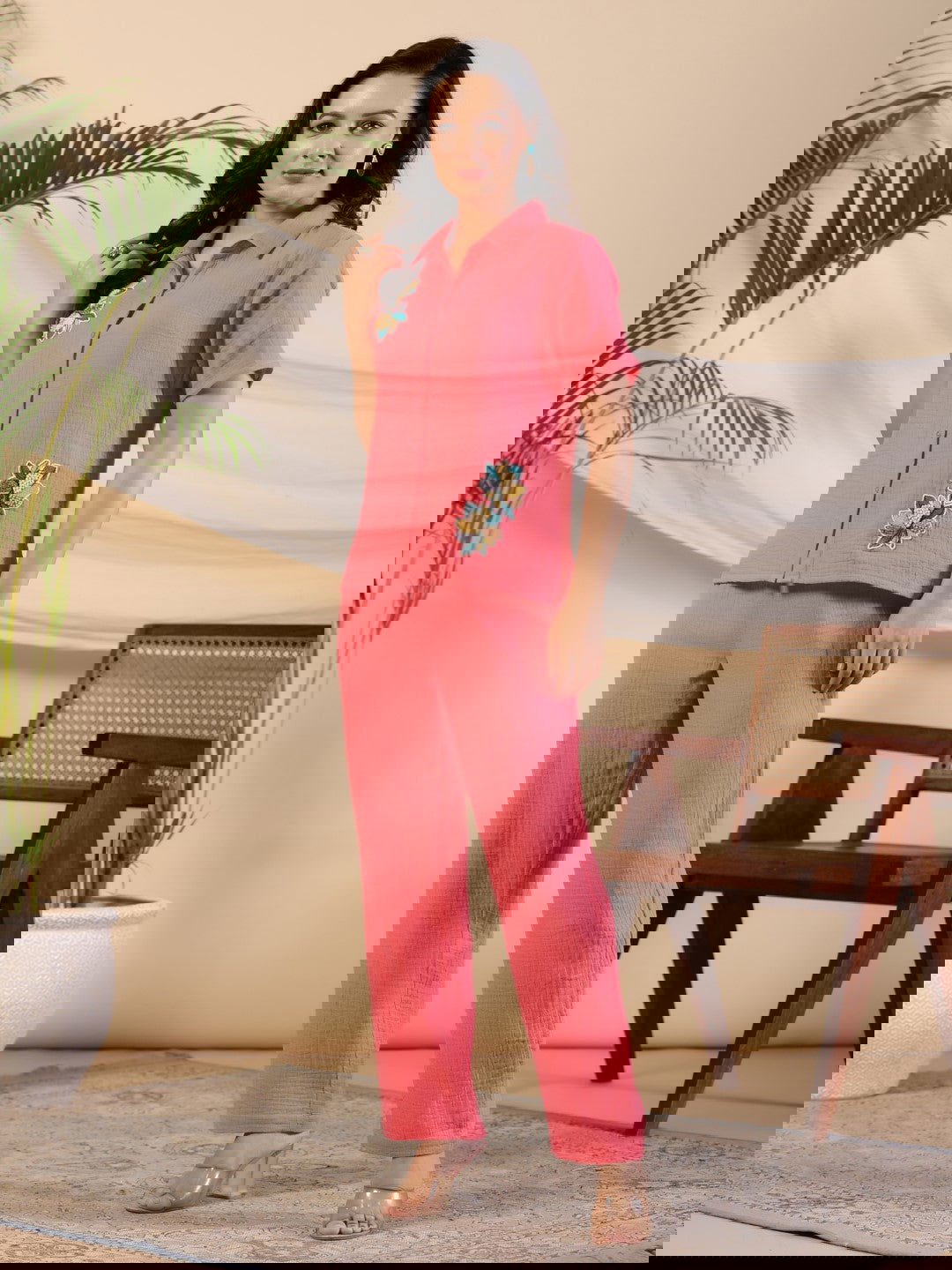 Juniper Coral Women Solid Top With Pants Co-Ord Set With Floral Embroidery & Contrast Beads