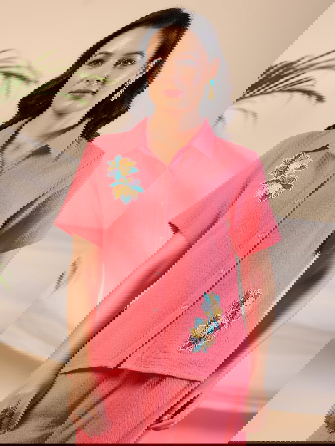 Juniper Coral Women Solid Top With Pants Co-Ord Set With Floral Embroidery & Contrast Beads