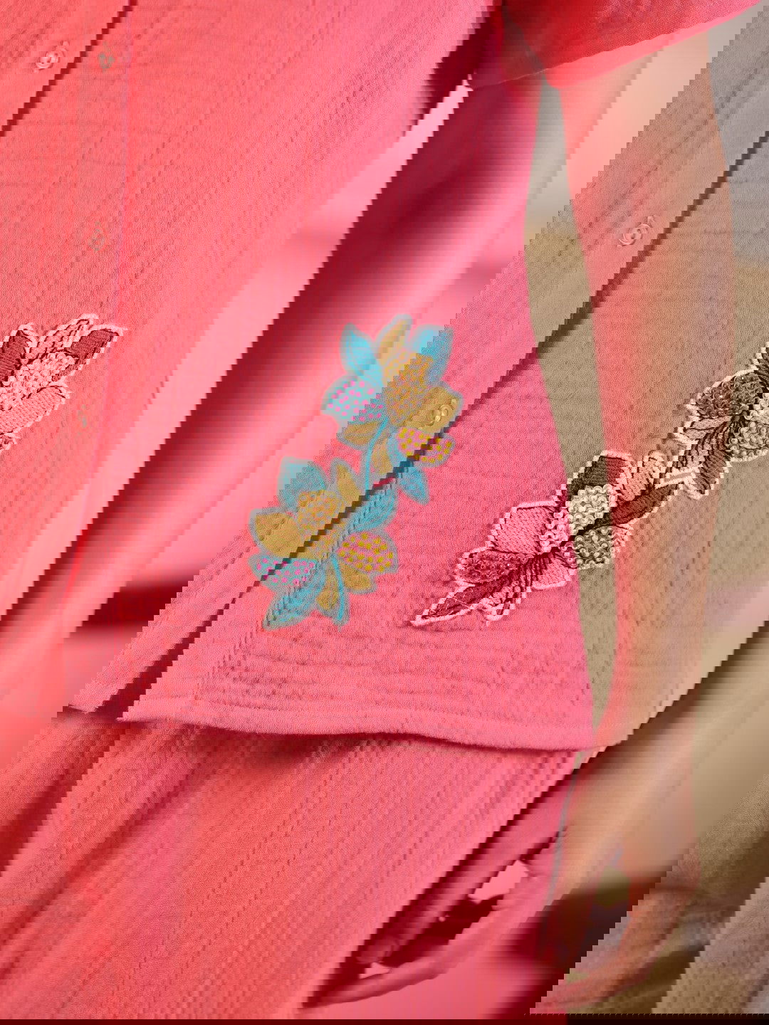 Juniper Coral Women Solid Top With Pants Co-Ord Set With Floral Embroidery & Contrast Beads