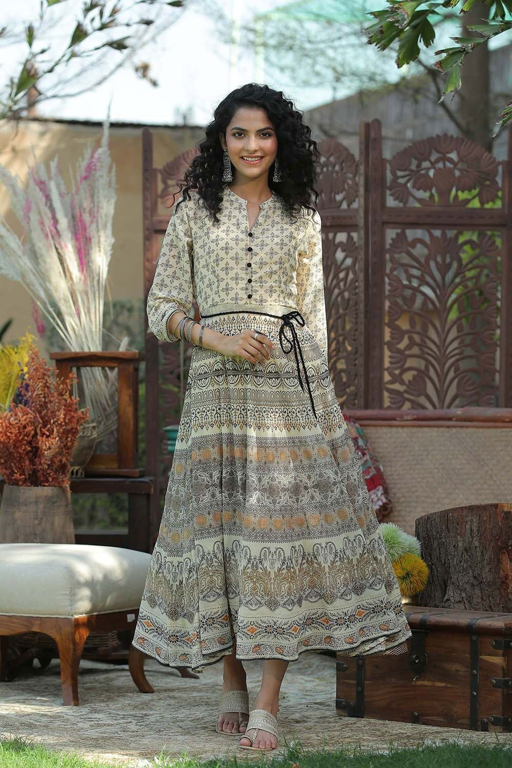 Juniper Cream Ethnic Motif Printed Georgette Tiered Maxi dress