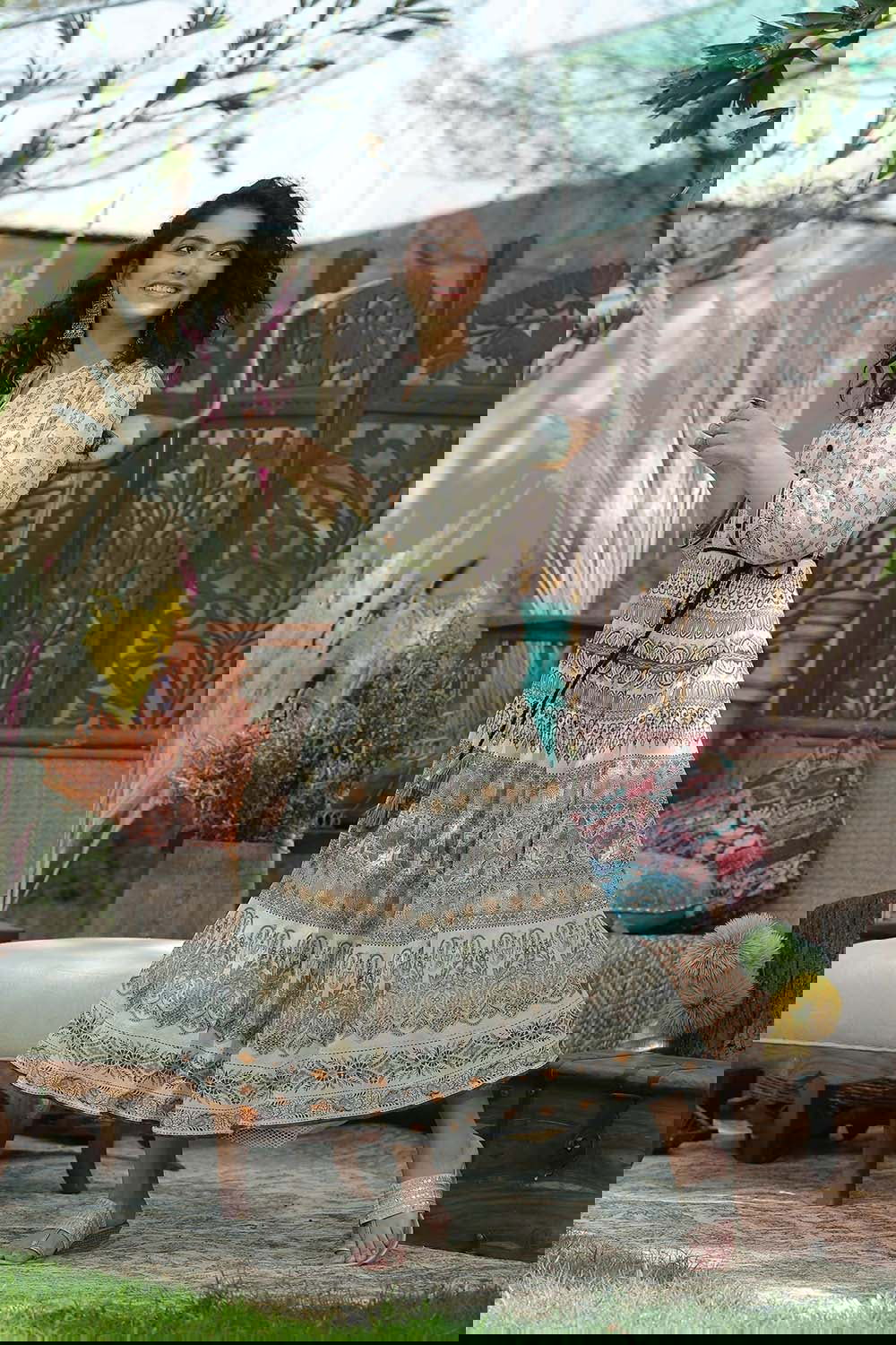 Juniper Cream Ethnic Motif Printed Georgette Tiered Maxi dress