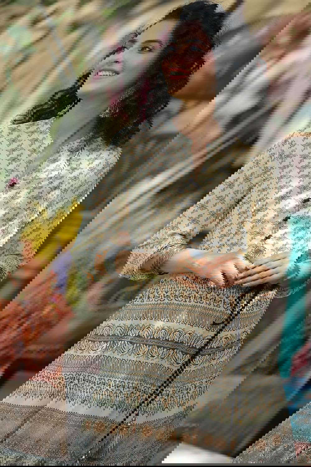 Juniper Cream Ethnic Motif Printed Georgette Tiered Maxi dress