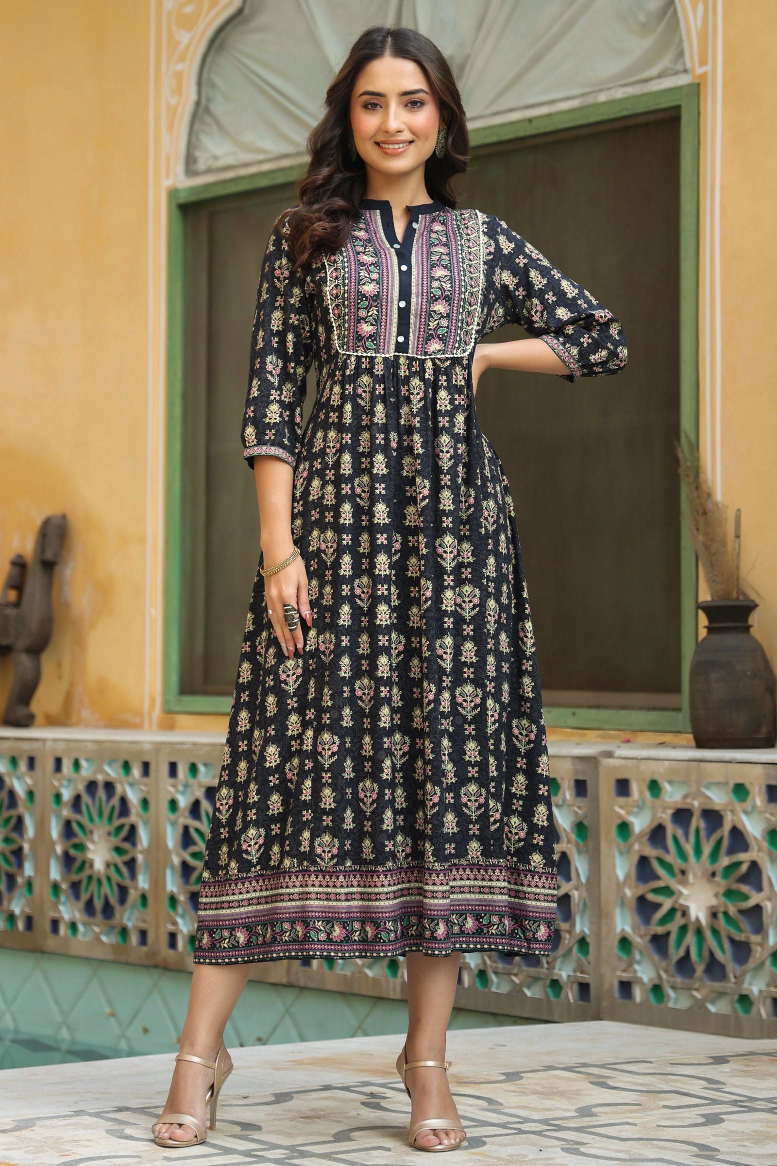 Juniper Dark Blue Ethnic Motif Printed Rayon Maxi Dress with Lace Work
