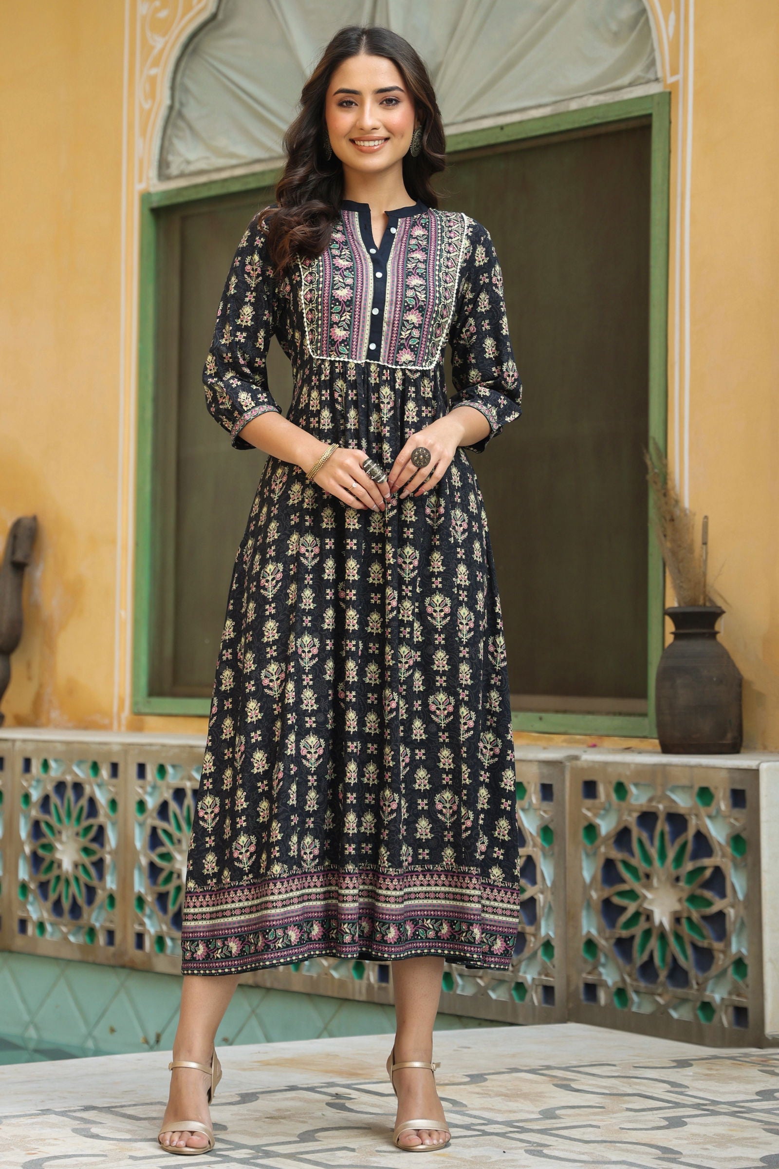 Juniper Dark Blue Ethnic Motif Printed Rayon Maxi Dress with Lace Work