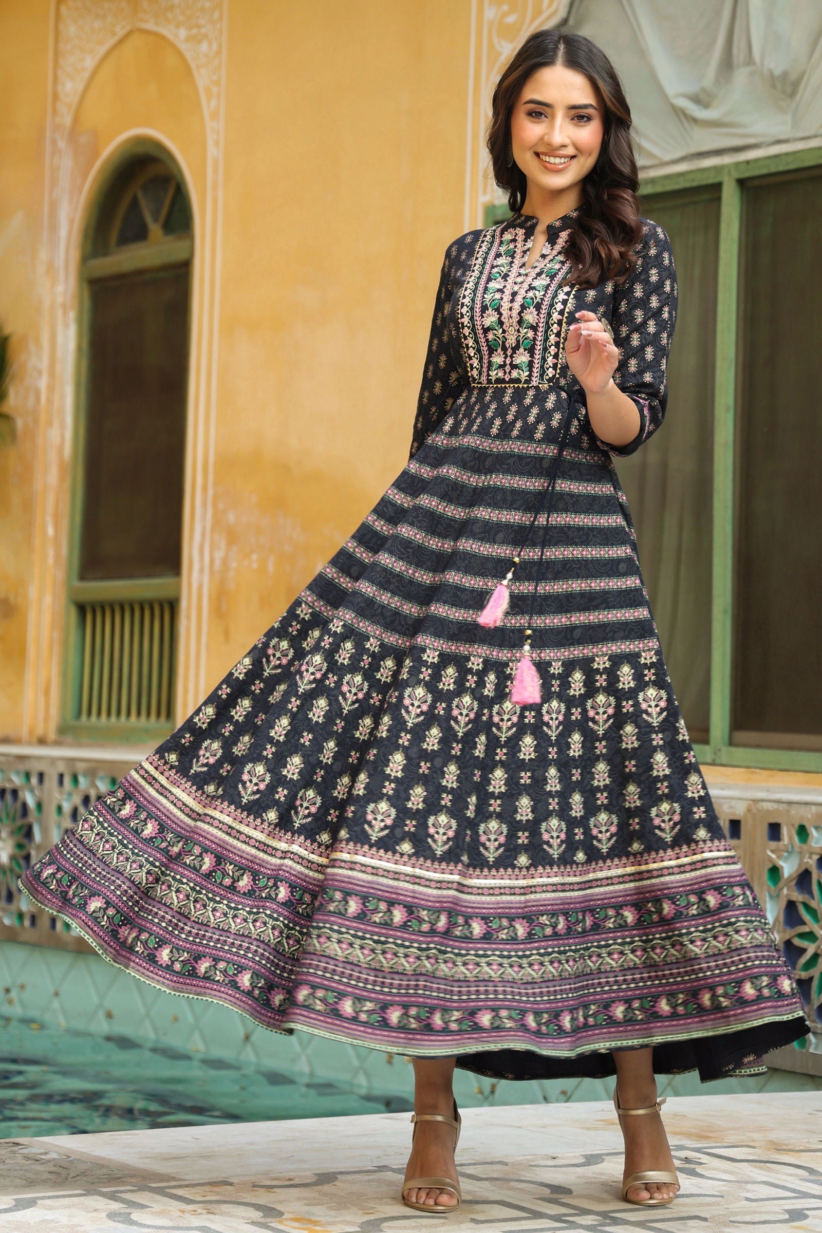 Juniper Dark Blue Ethnic Motif Rayon Embroidered Flared Maxi Dress.
