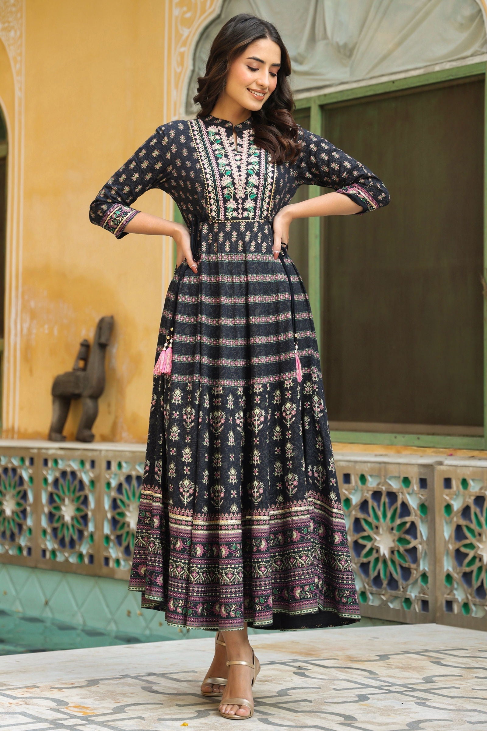 Juniper Dark Blue Ethnic Motif Rayon Embroidered Flared Maxi Dress.