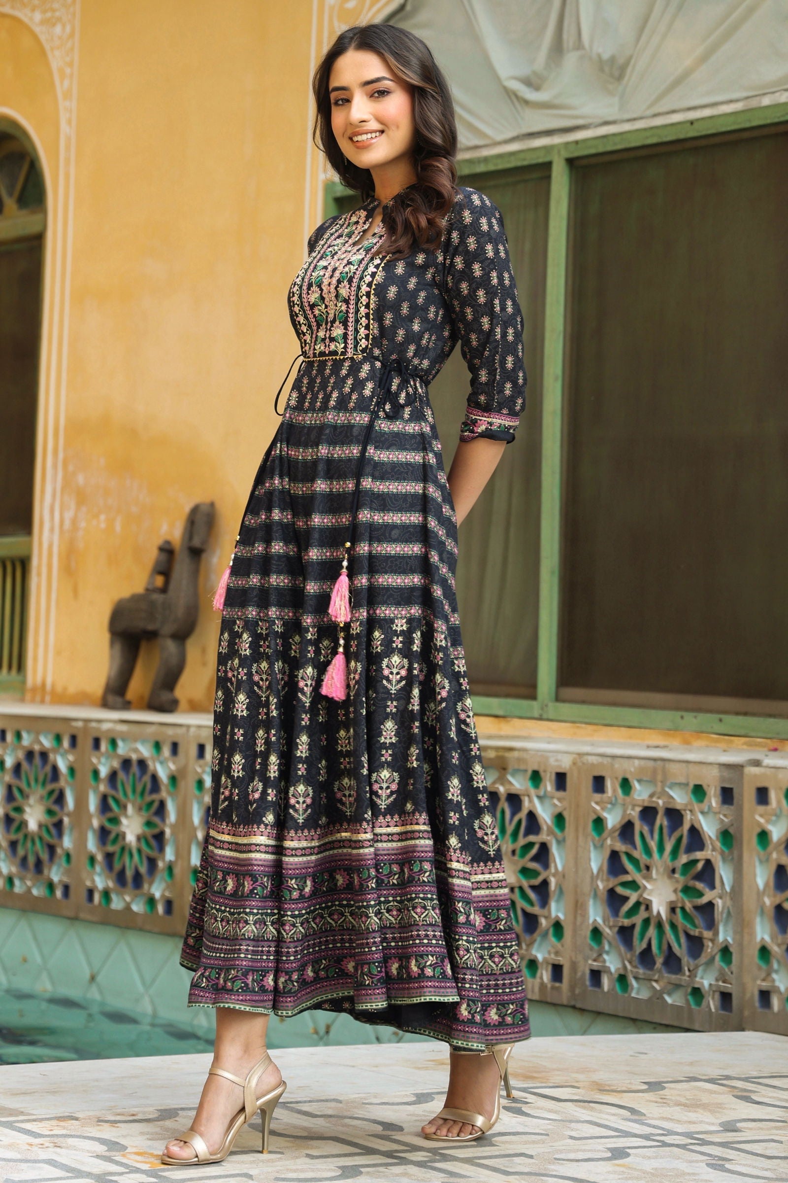 Juniper Dark Blue Ethnic Motif Rayon Embroidered Flared Maxi Dress.
