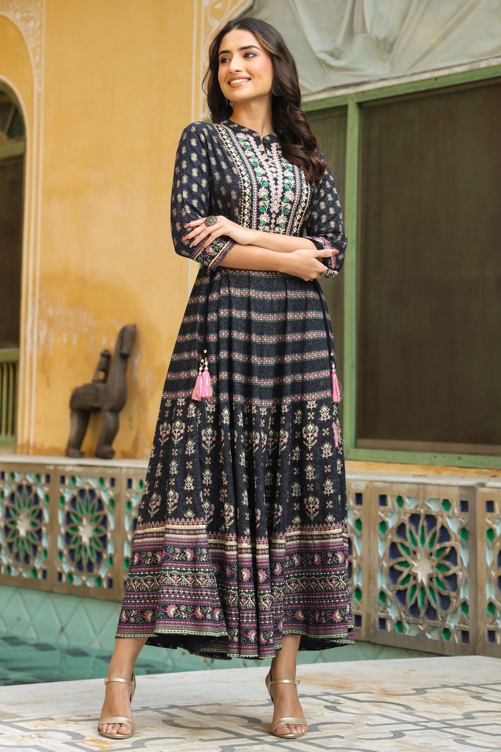 Juniper Dark Blue Ethnic Motif Rayon Embroidered Flared Maxi Dress.