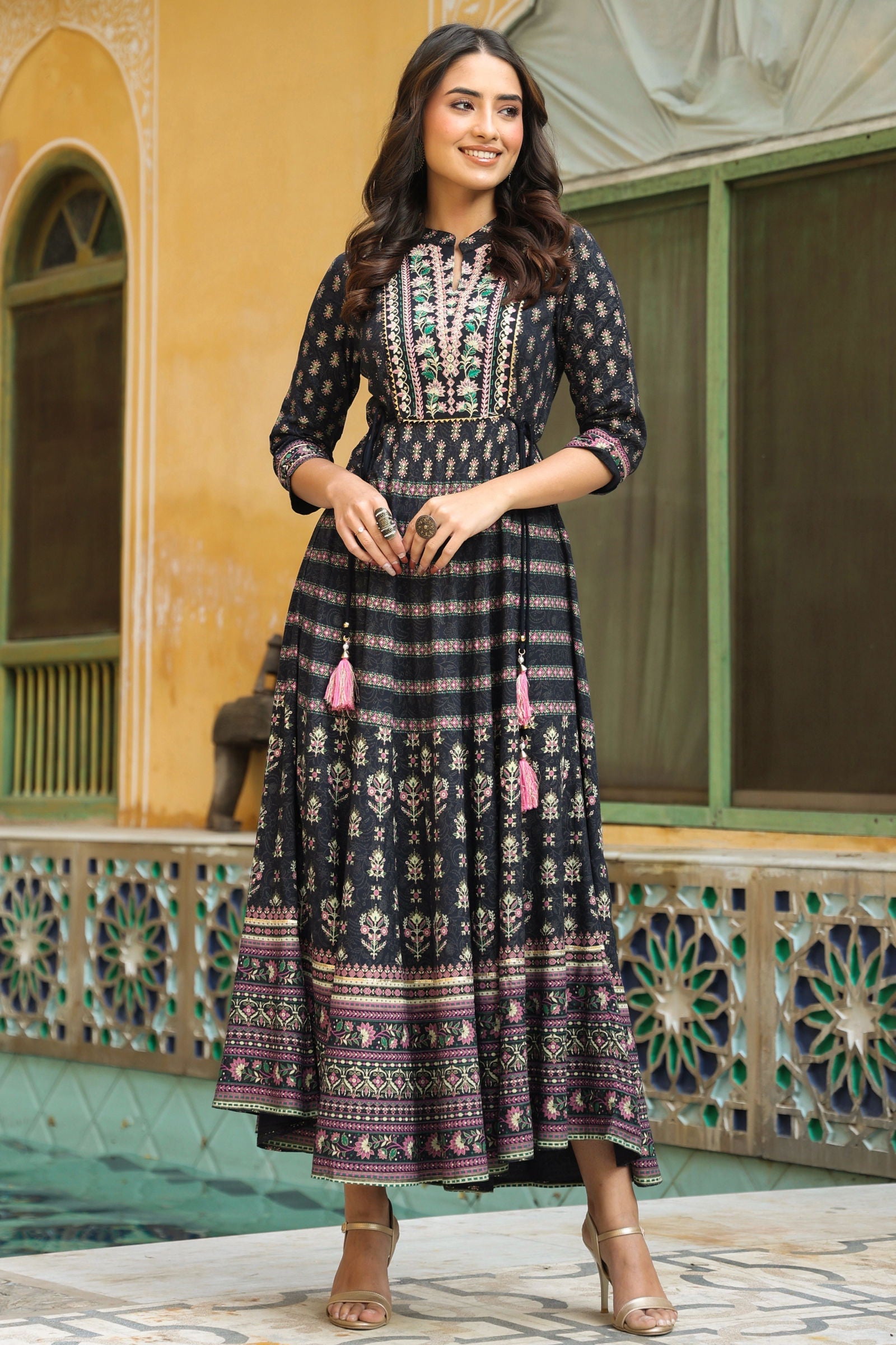 Juniper Dark Blue Ethnic Motif Rayon Embroidered Flared Maxi Dress.