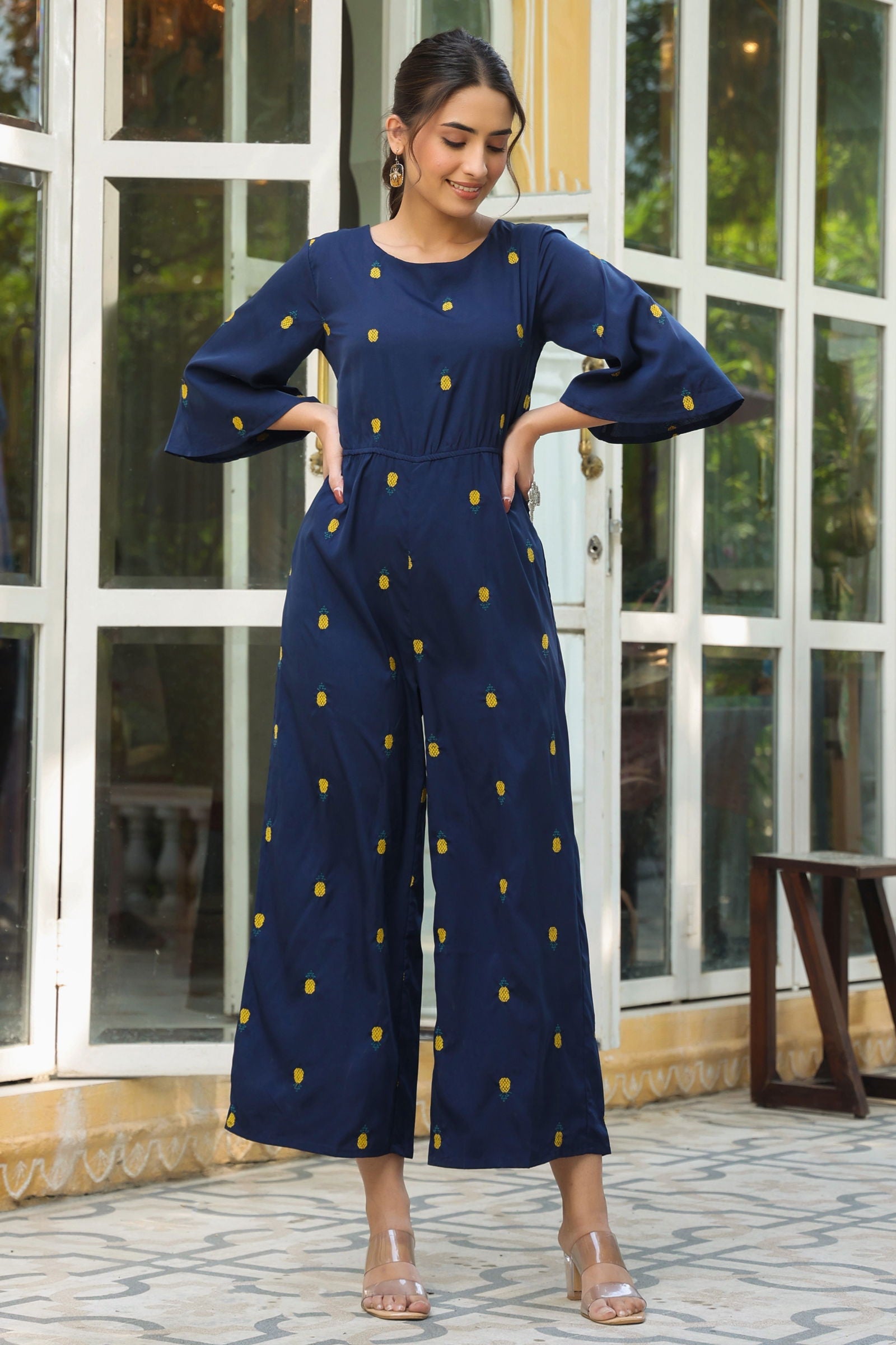 Juniper Dark Blue Quirky Printed Poly Crepe Jumpsuit With Thread Work Embroidery