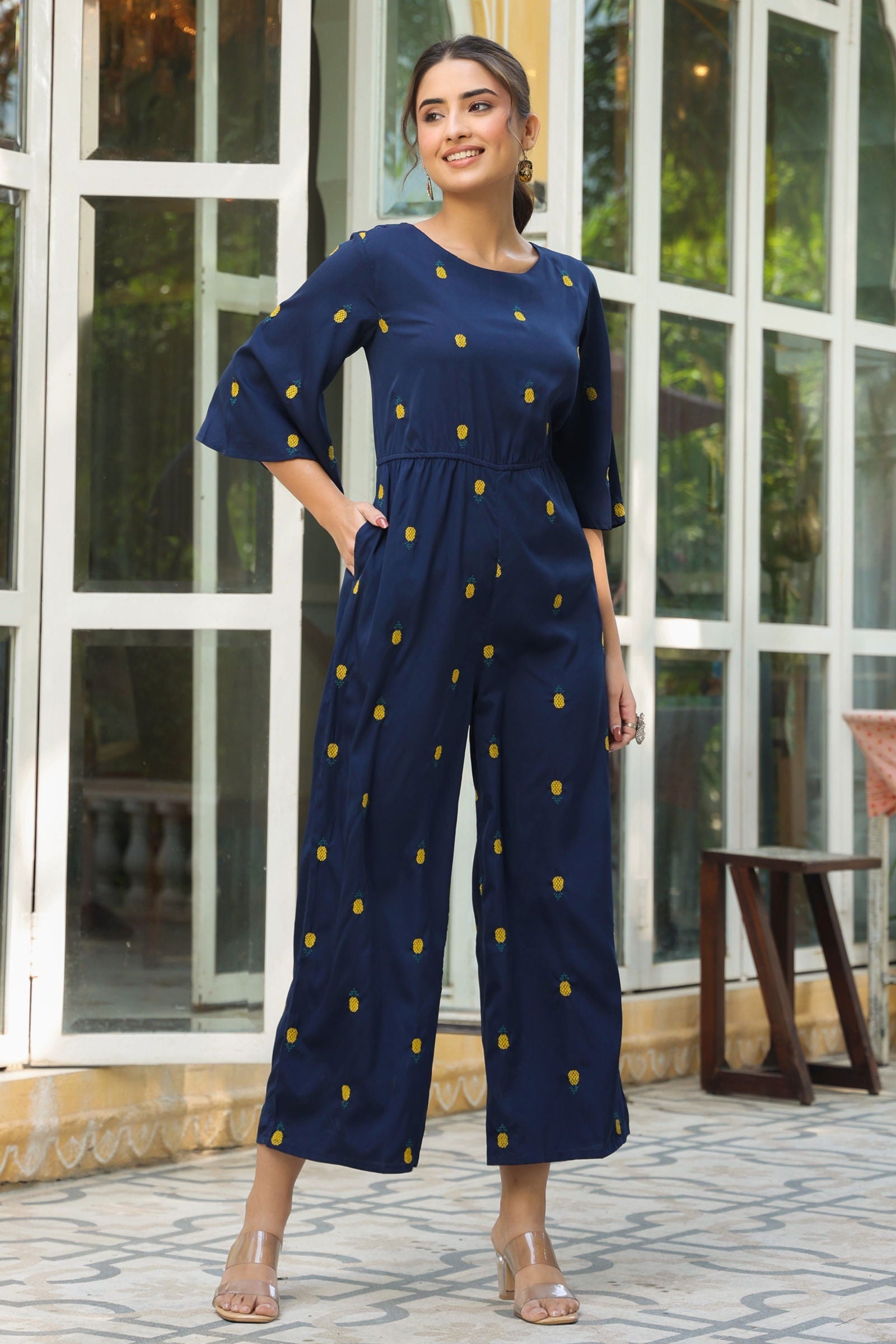 Juniper Dark Blue Quirky Printed Poly Crepe Jumpsuit With Thread Work Embroidery