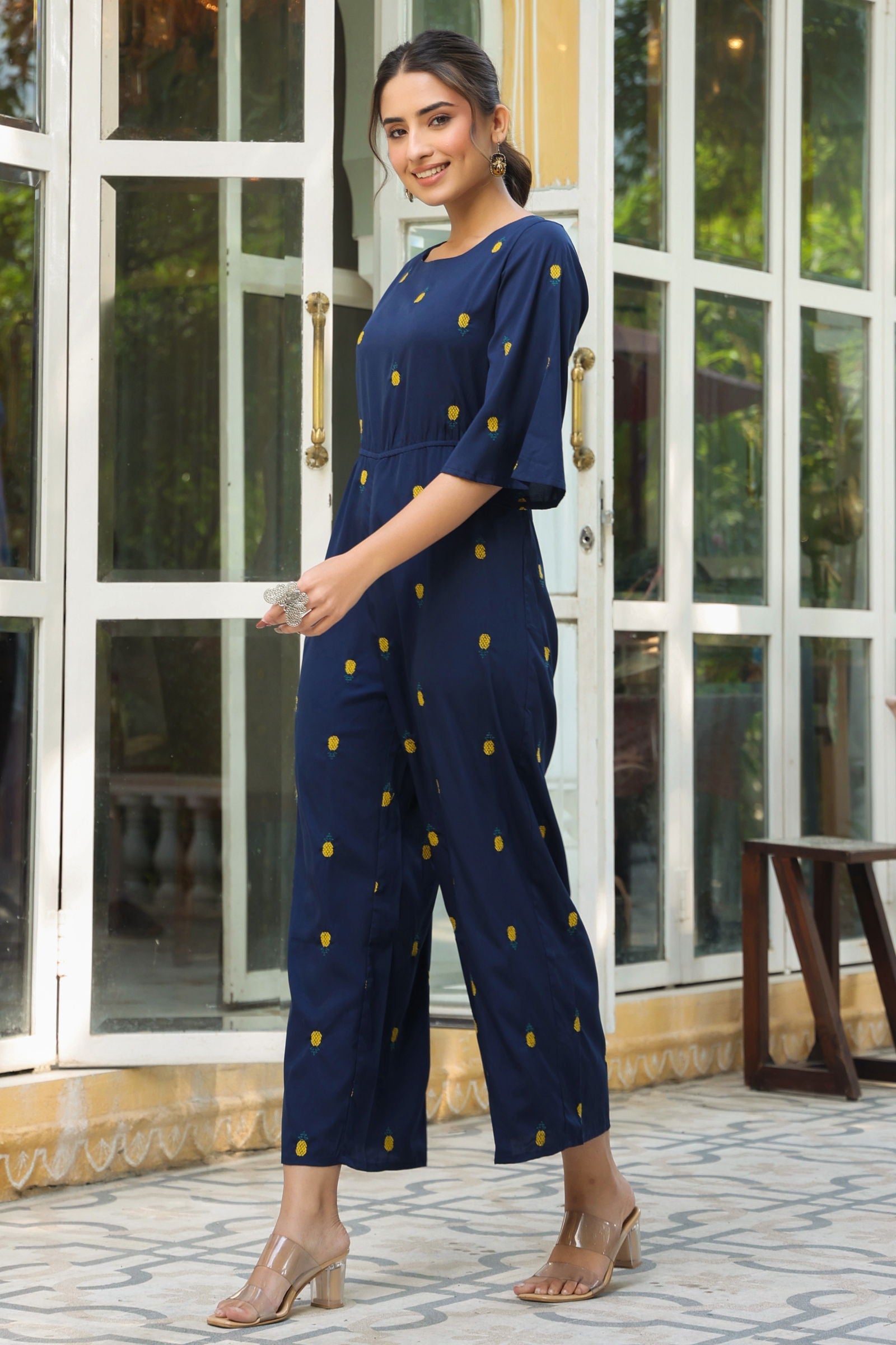 Juniper Dark Blue Quirky Printed Poly Crepe Jumpsuit With Thread Work Embroidery