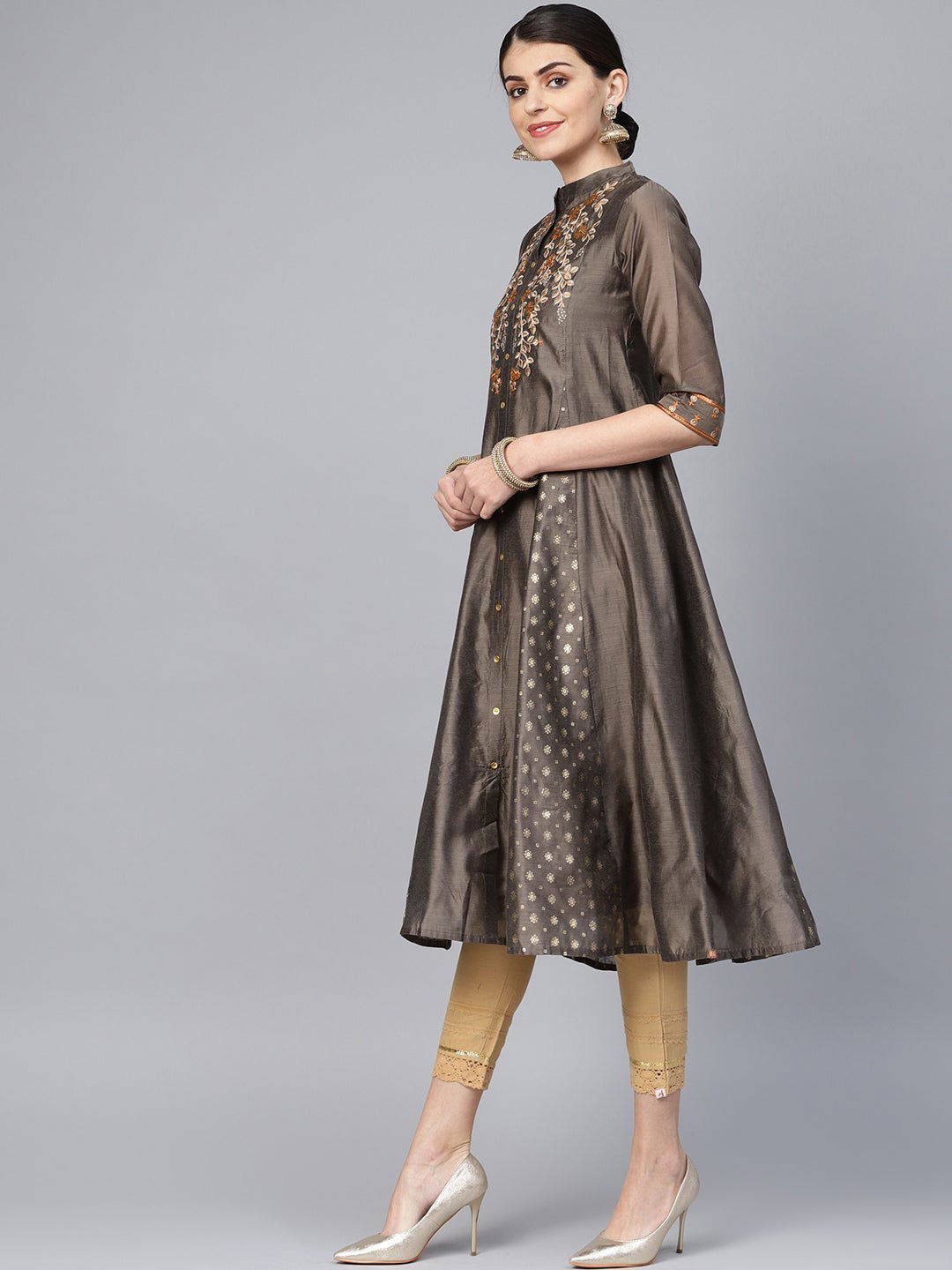Juniper Dark Grey Chanderi Embroidered 2 Piece Kurta