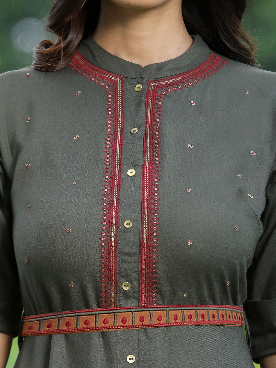 Juniper Dark Olive Rayon Embroidered Maxi Dress With Buttons & Sequins Detail