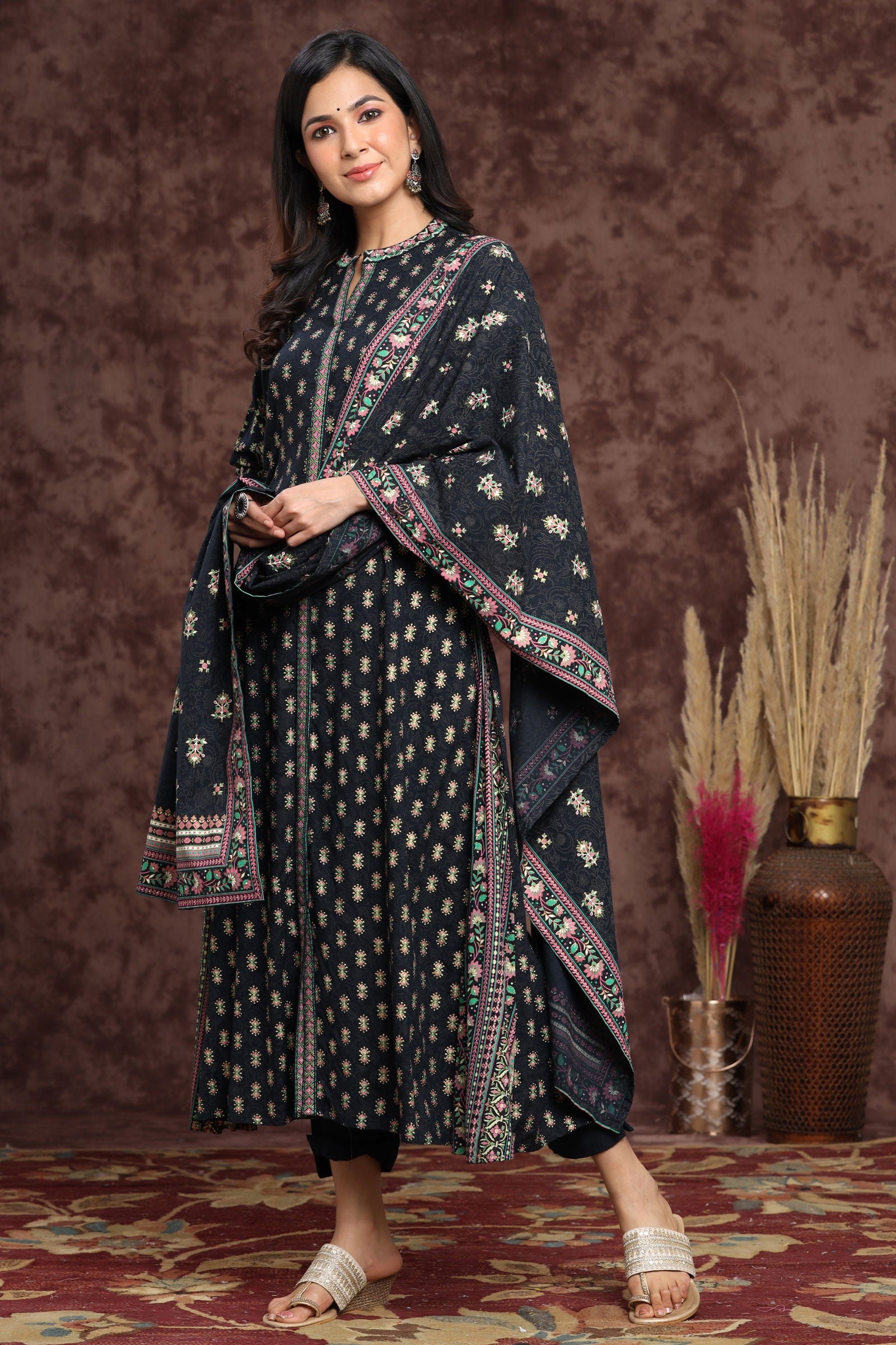 Juniper Darkblue LIVA Rayon Printed A-Line Kurta Pant Dupatta Sets