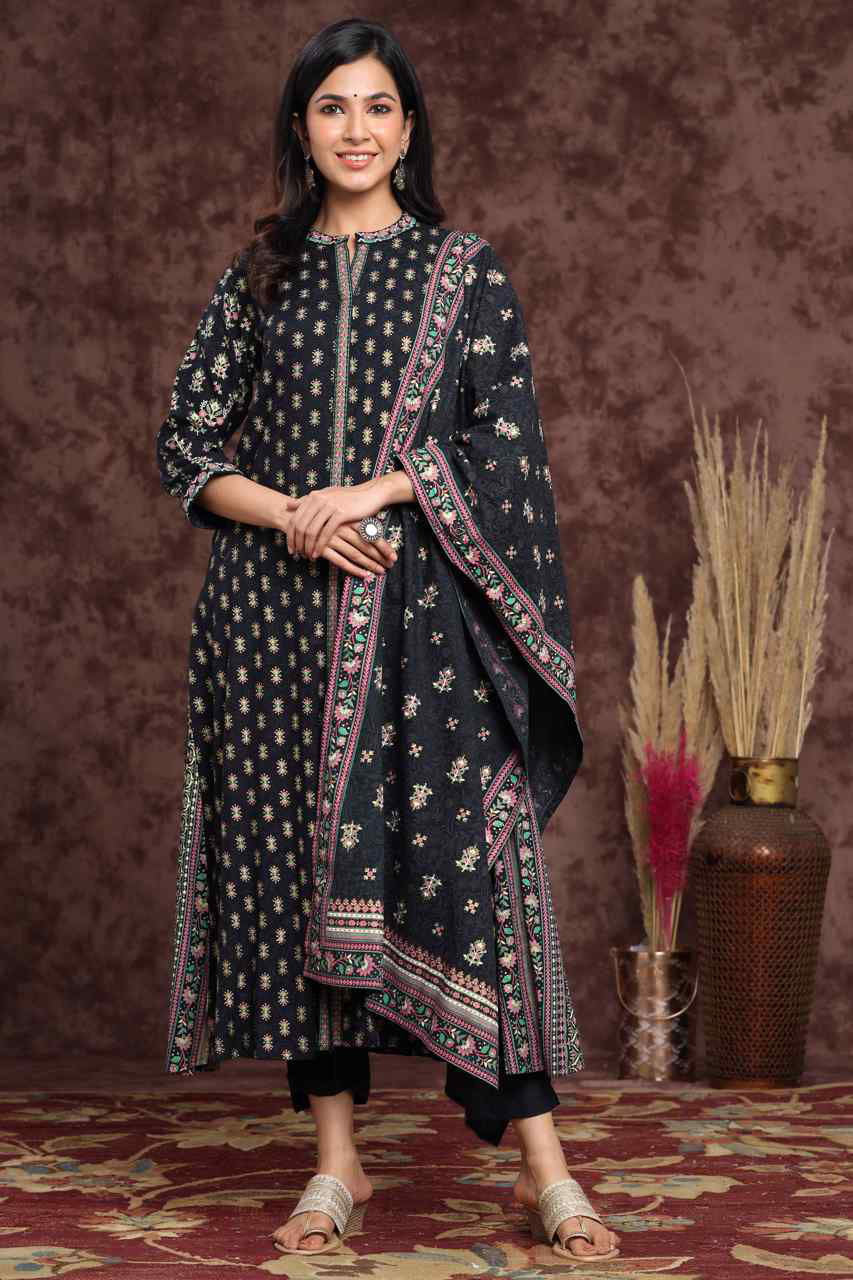 Juniper Darkblue LIVA Rayon Printed A-Line Kurta Pant Dupatta Sets