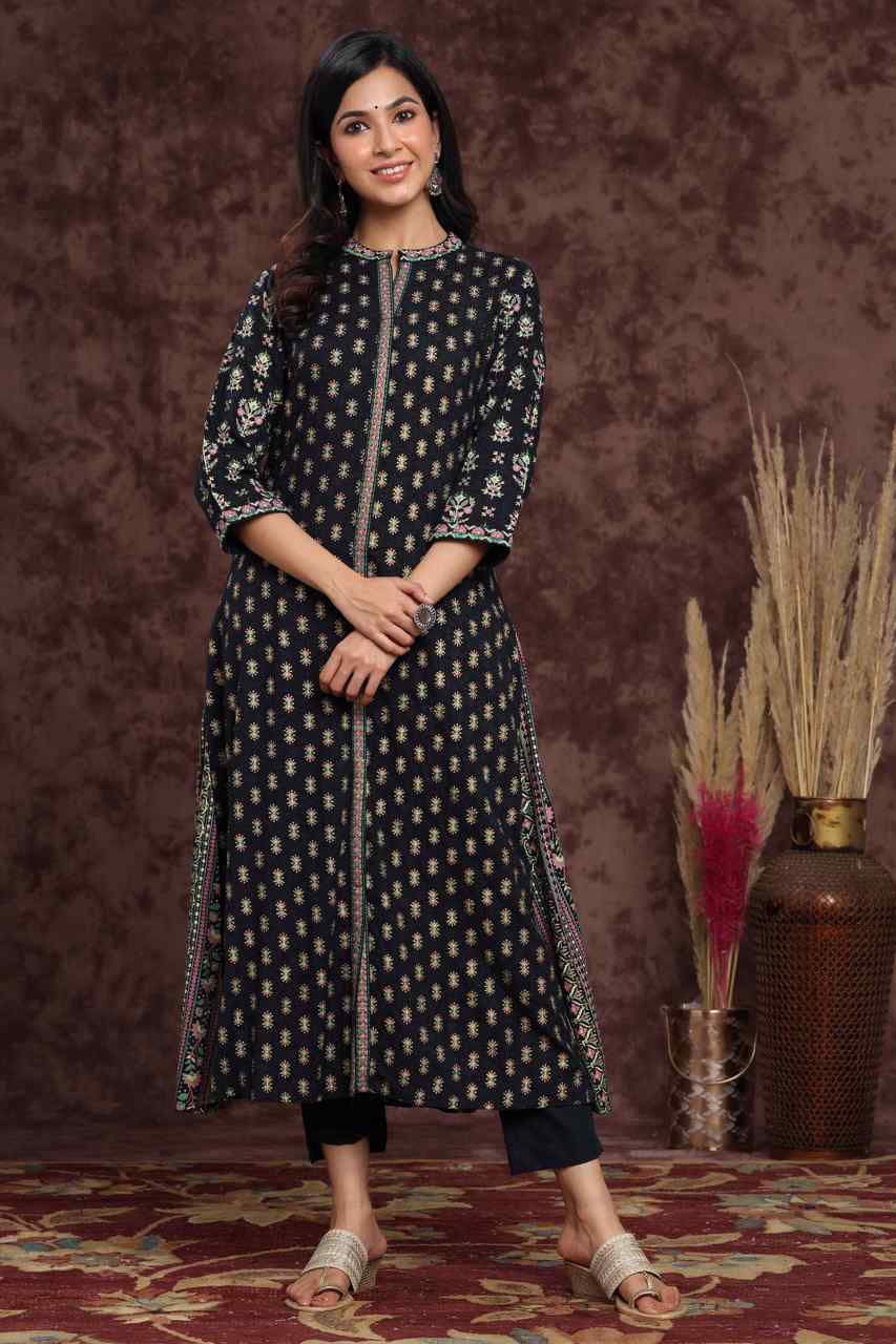 Juniper Darkblue LIVA Rayon Printed A-Line Kurta Pant Dupatta Sets