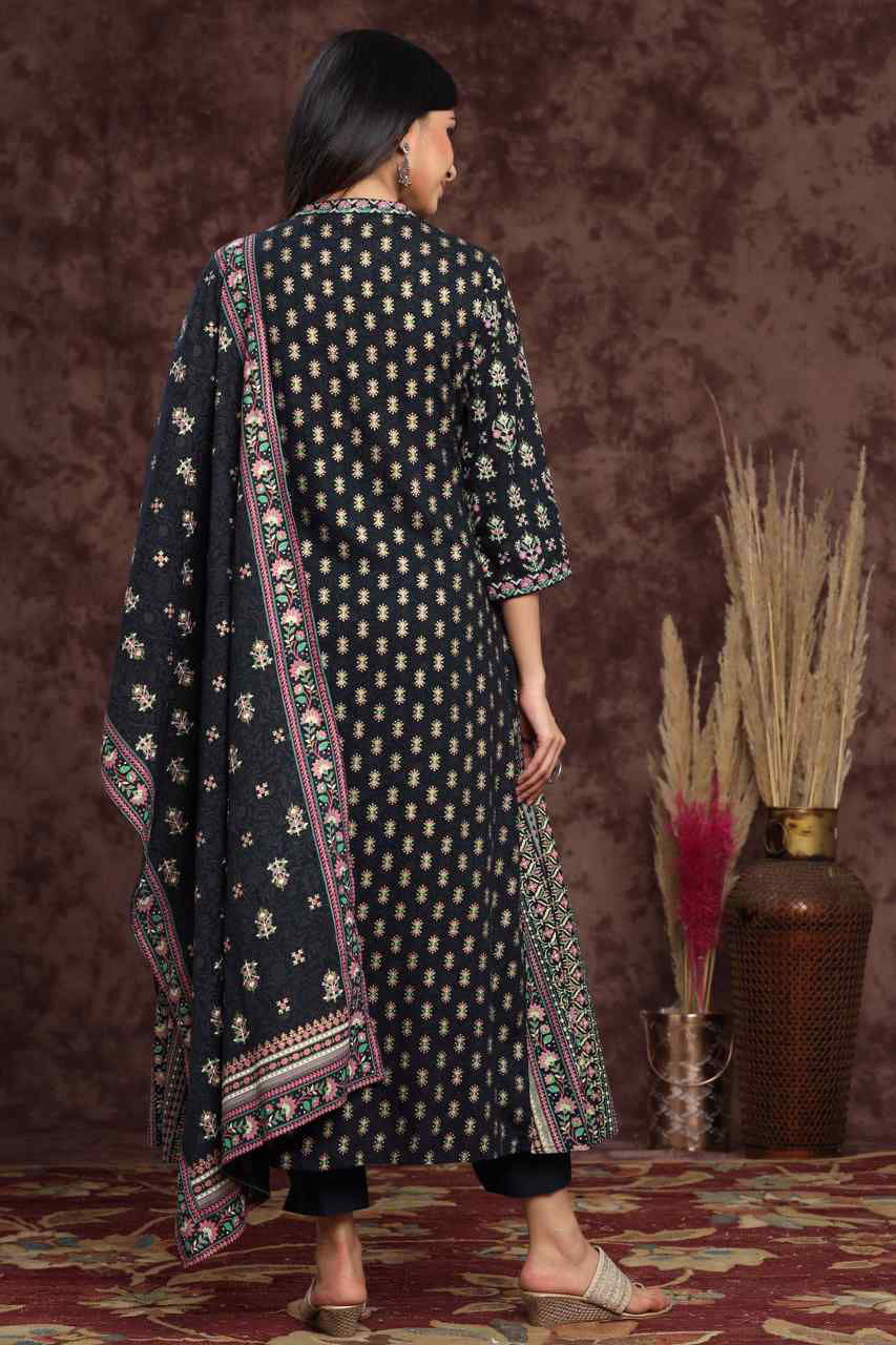 Juniper Darkblue LIVA Rayon Printed A-Line Kurta Pant Dupatta Sets