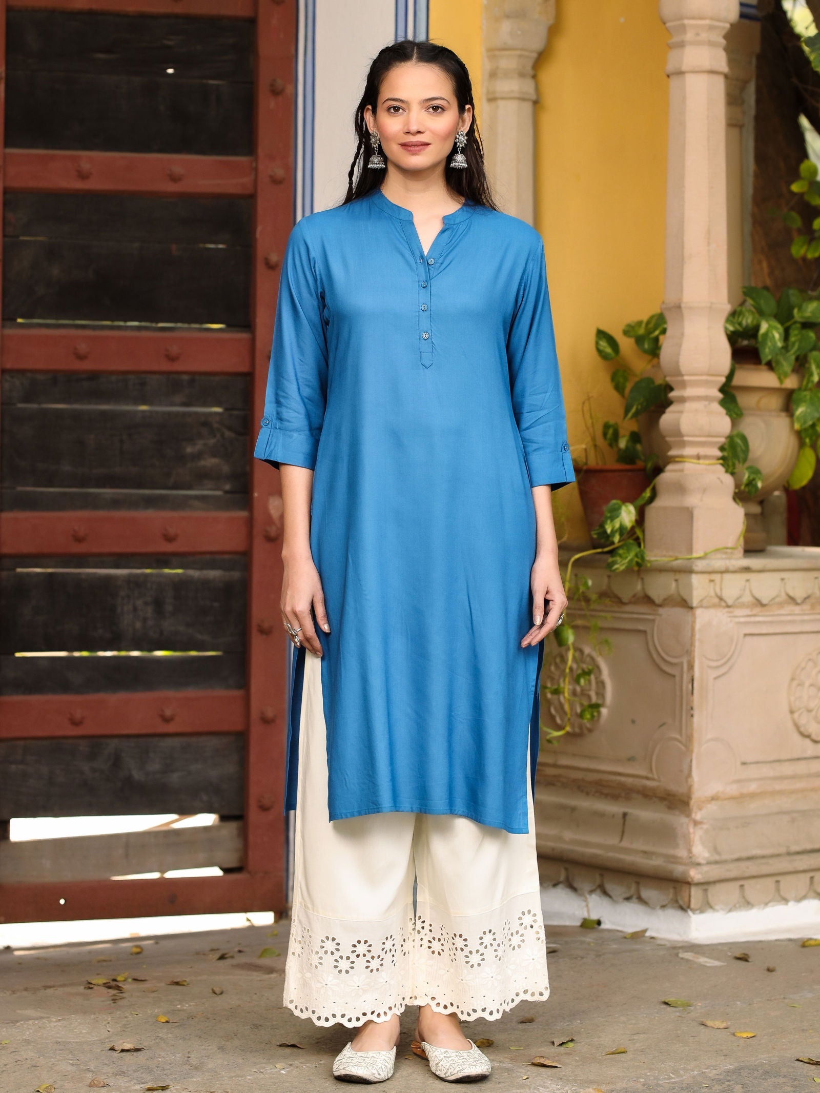 Juniper Effortlessly Chic Bright Blue Rayon Solid Roll-Up Sleeves Basic Kurta
