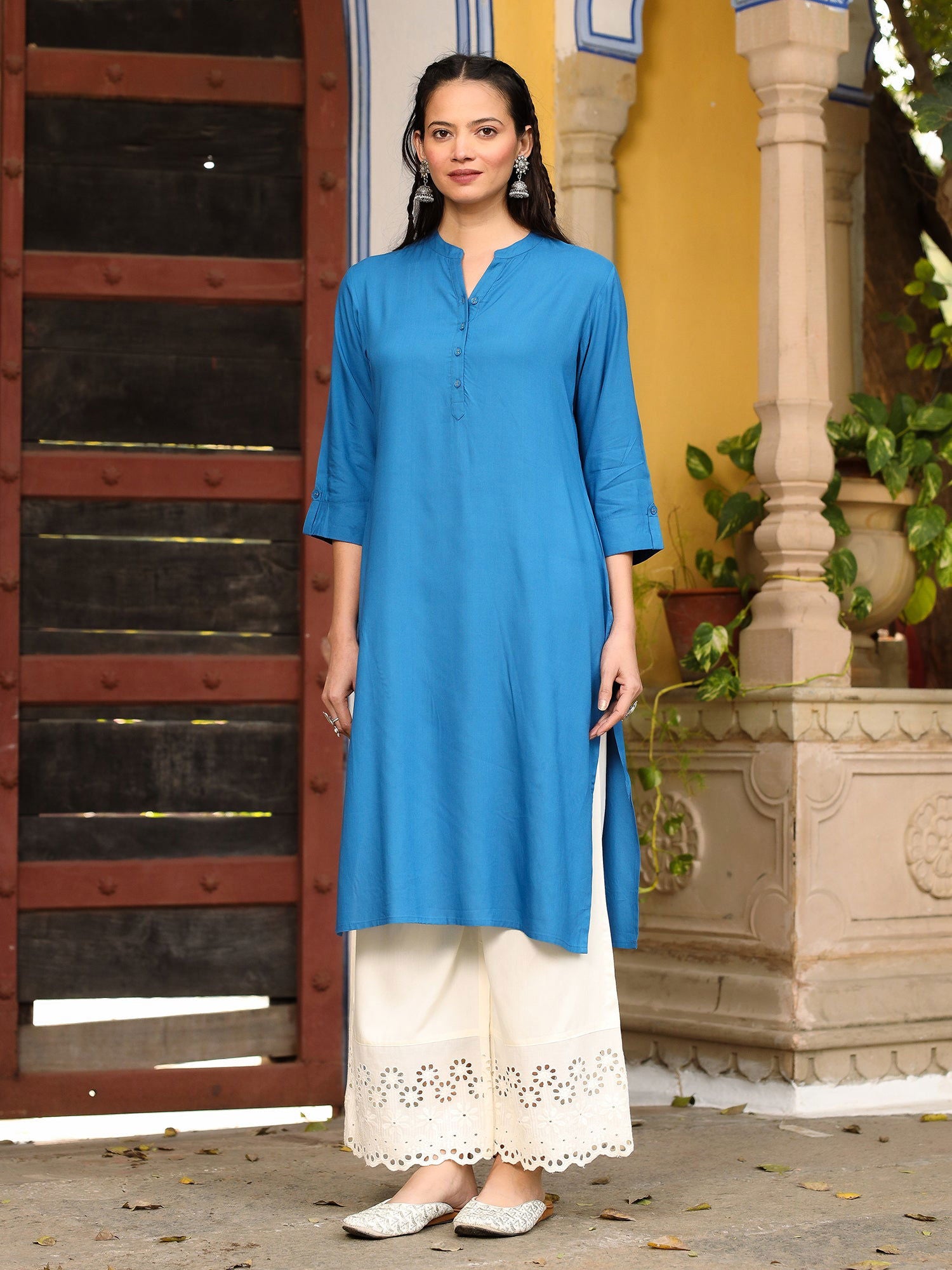 Juniper Effortlessly Chic Bright Blue Rayon Solid Roll-Up Sleeves Basic Kurta