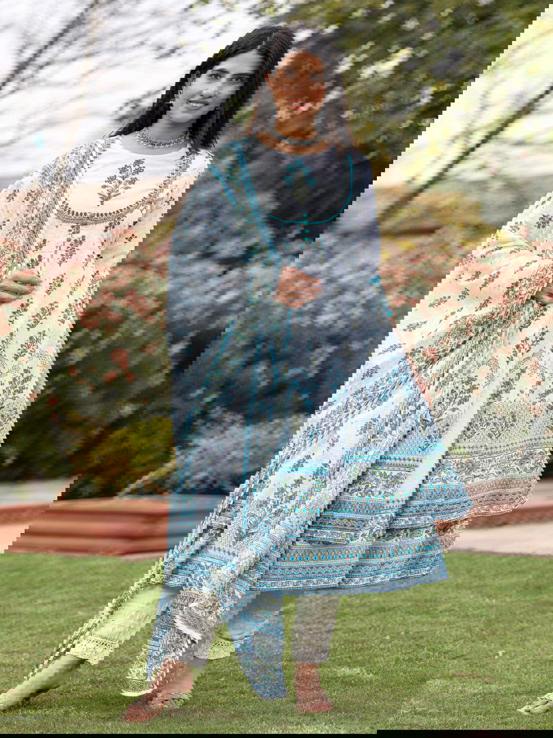 Juniper Ethnic Motif Print Cotton Cambric Anarkali Kurta & Kota doria dupatta & Pants with tread embroidery