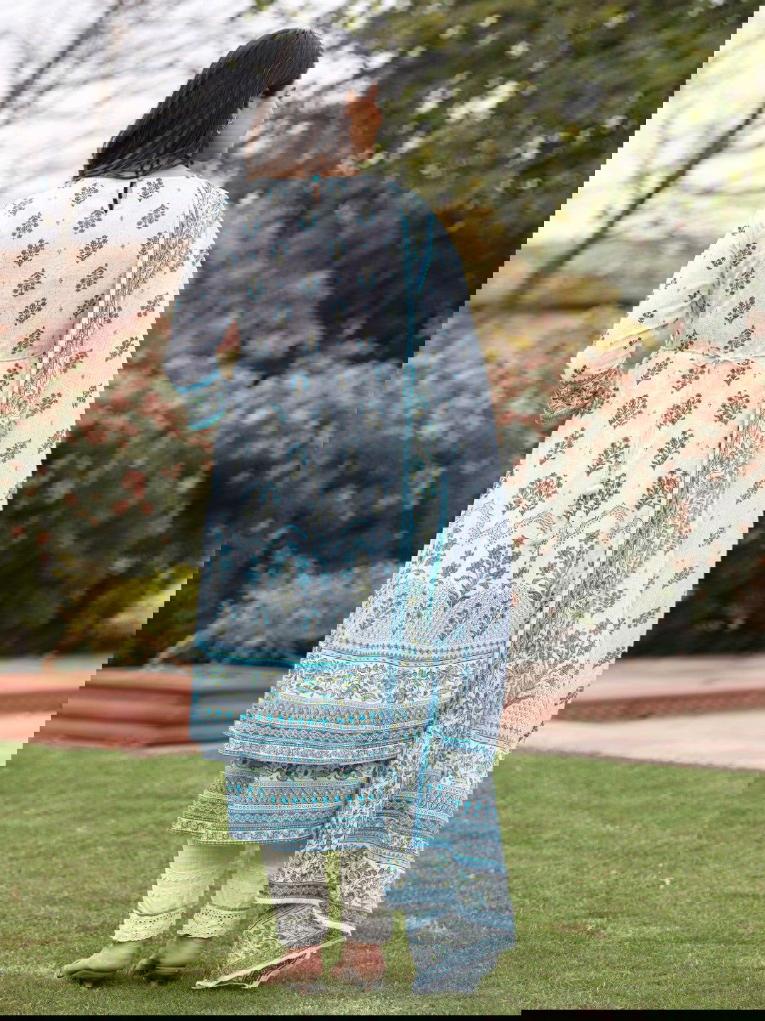 Juniper Ethnic Motif Print Cotton Cambric Anarkali Kurta & Kota doria dupatta & Pants with tread embroidery