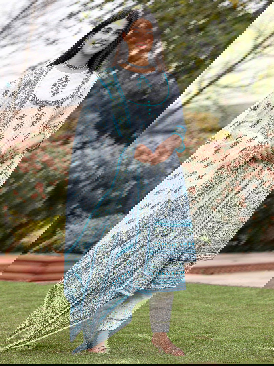 Juniper Ethnic Motif Print Cotton Cambric Anarkali Kurta & Kota doria dupatta & Pants with tread embroidery