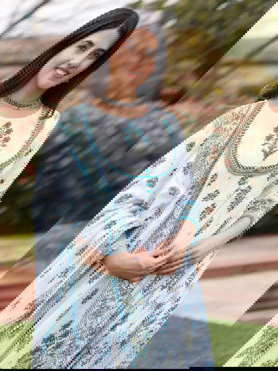 Juniper Ethnic Motif Print Cotton Cambric Anarkali Kurta & Kota doria dupatta & Pants with tread embroidery