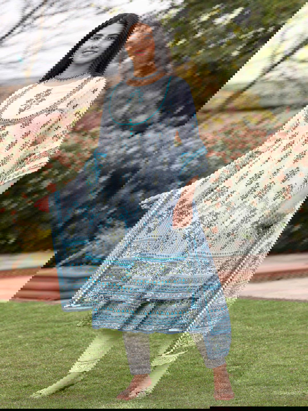 Juniper Ethnic Motif Print Cotton Cambric Anarkali Kurta & Kota doria dupatta & Pants with tread embroidery