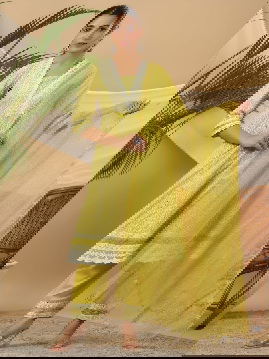 Juniper Ethnic Motif Print & Lacy Pure Cotton Kurta With Pant & Dupatta Set With Sequin Button & Tassel