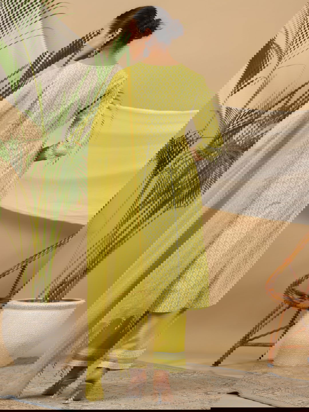 Juniper Ethnic Motif Print & Lacy Pure Cotton Kurta With Pant & Dupatta Set With Sequin Button & Tassel